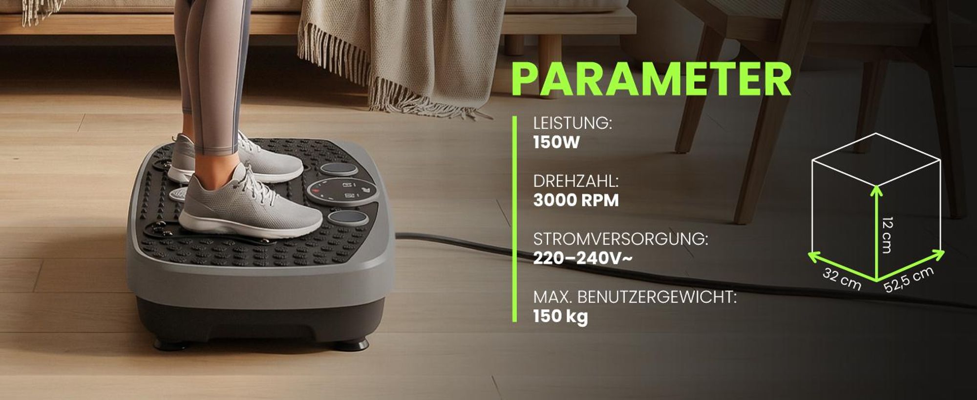 Vibrationsplatte 150W Lautsprechern Fernbedienung Trainingsbändern 5 Automatikprogrammen bis 150 kg