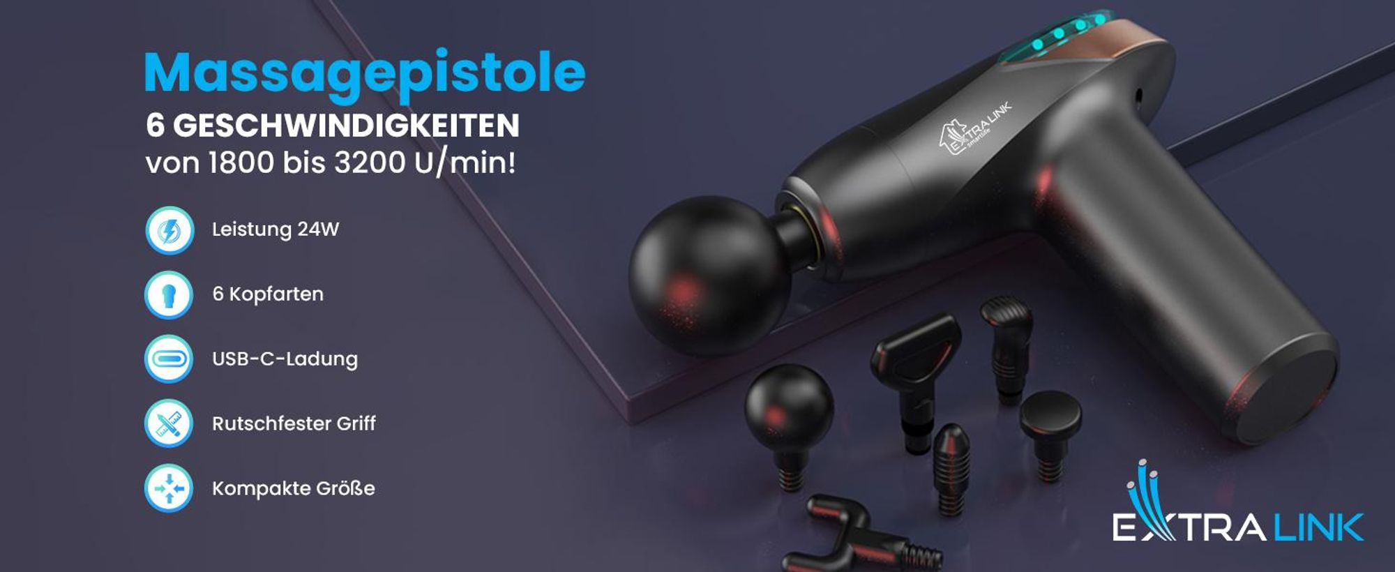 Extralink Massage Gun Lite Massagepistole 40W, 6 Aufsätze, 6 Stufen, USB-C, bis 3200 U/min