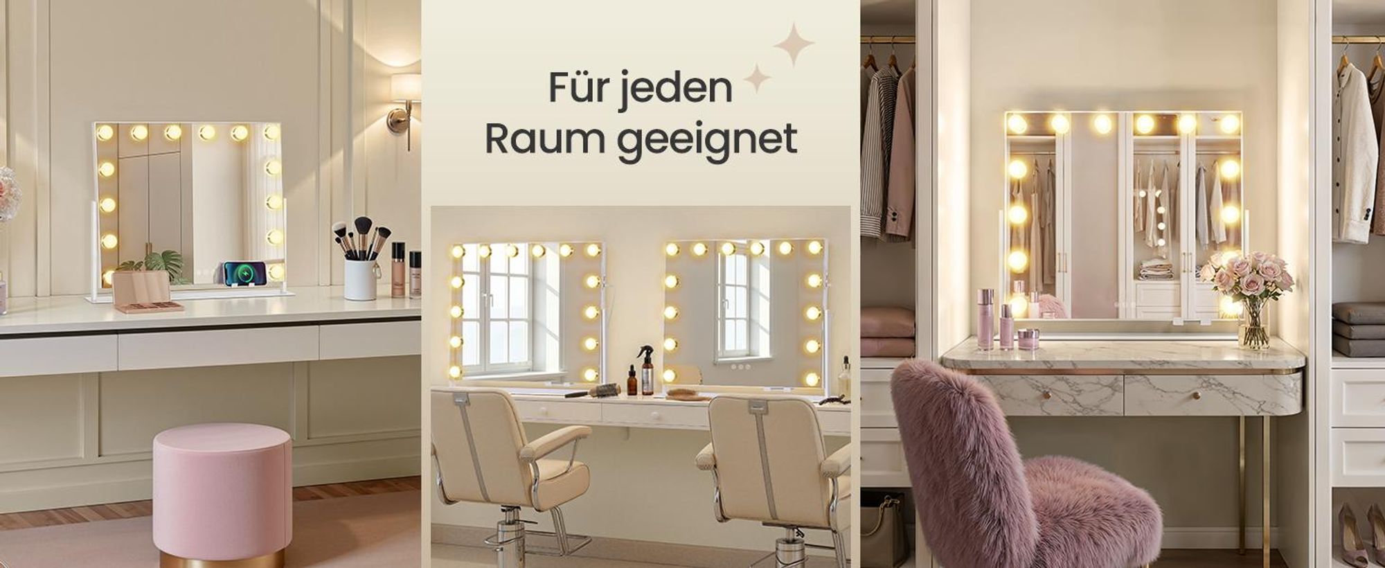 SONGMICS Make-up Spiegel mit LED-Beleuchtung, Kosmetikspiegel, Touch-Steuerung, Handyhalter, 3 Lichtfarben, 50 x 42 cm, weiß