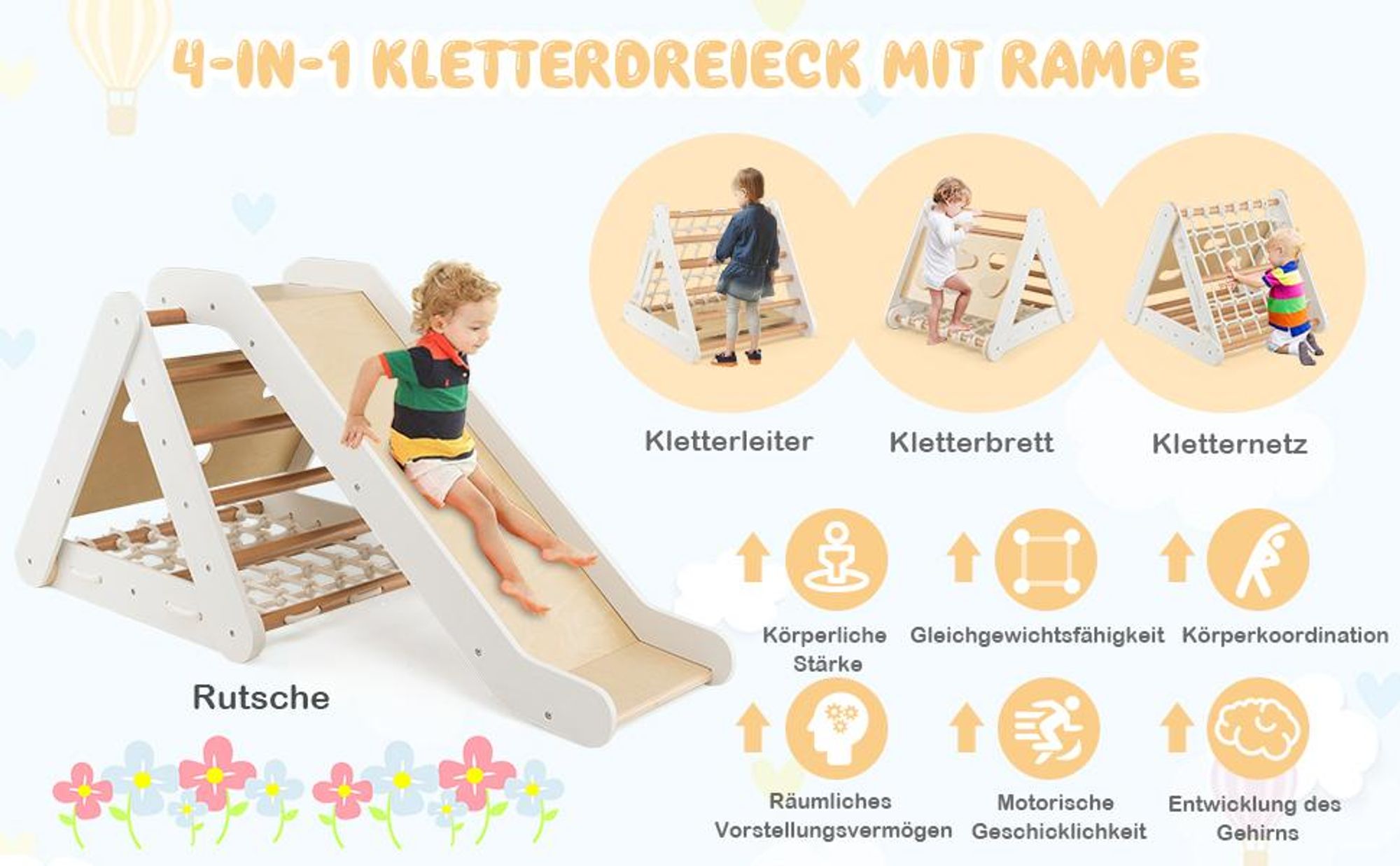 COSTWAY 4in1 Kletterdreieck indoor mit Rutsche&Klettern, Klettergerüst aus Holz, Sprossendreieck, Kletterspielzeug Kletterdreiecken für kinder 1+Grau