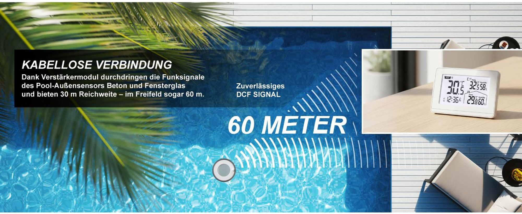 BEARWARE Funk Poolthermometer, Schwimmthermometer, Wasserthermometer mit Wetterstation, Reichweite bis 60m, Außensensor, Wassertemperatur, Luftfeuchte, Innen- und Außentemperatur