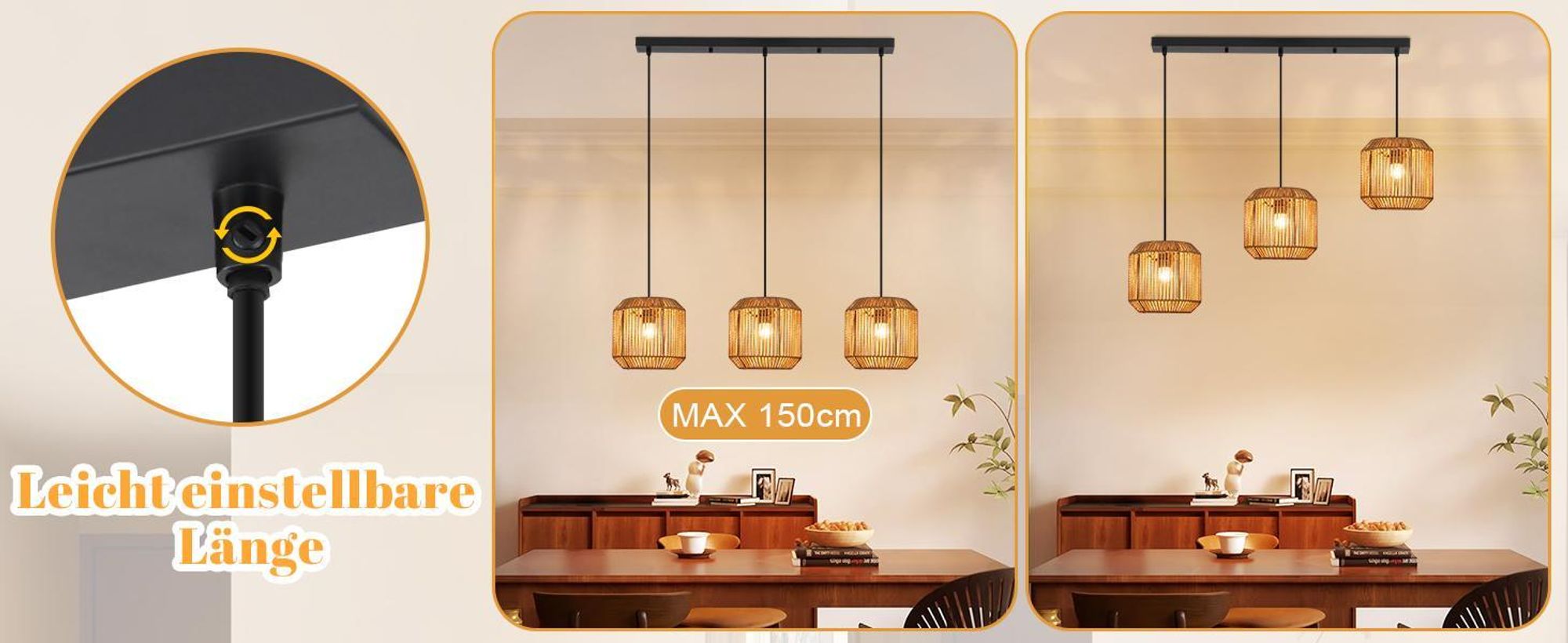 ZMH Pendelleuchte Boho Hängelampe Rattan Lampe Hängend Hängeleuchte Esszimmer 3 flammig Esstischlampe Retro Design mit E27 Fassung für Schlafzimmer