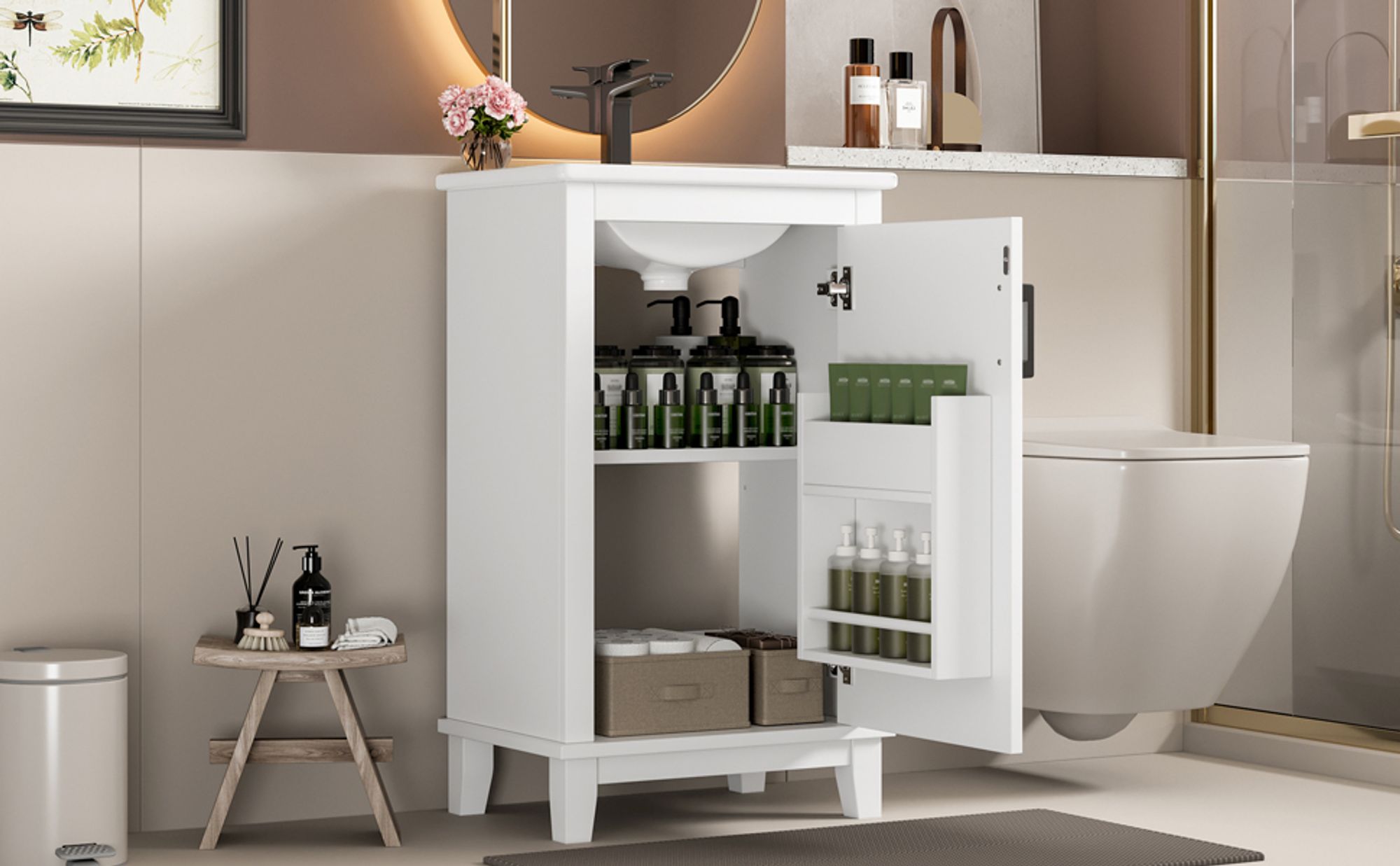 Flieks Waschbecken mit Unterschrank, Waschtischunterschrank Stehend, Badezimmerschrank Eckig, Badmöbel Set Waschplatz 48x33x83 cm, weiß