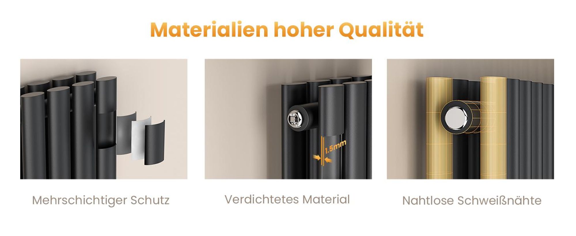 EMKE Design-Heizkörper 600 x 1180 mm Heizkörper Horizontaler Ovalheizkörper Seitenanschluss Doppellagig Heizung, 1828W, Anthrazit ohne Heizstab