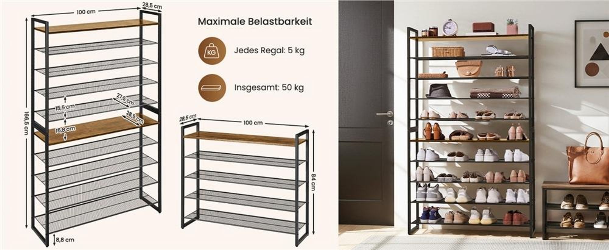 Yaheetech Schuhregal mit 10 Fächern, 166 cm H, für 50 Paar Schuhe, 2-in-1 Schuhablage aus Metall, Industriell, Rustikal-Braun