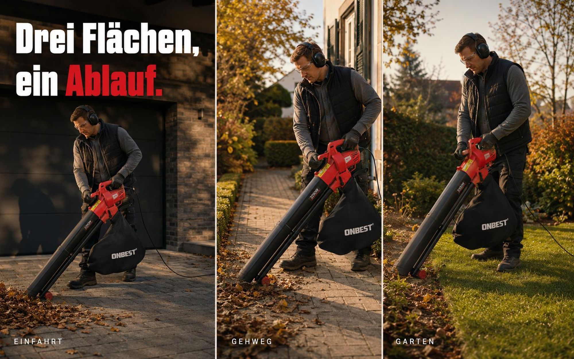 ONBEST LV3245 Laubbläser Elektro | 3in1 Laubsauger | 3200W | 45L Fangsack | 270 km/h | Laubhäcksler 10:1