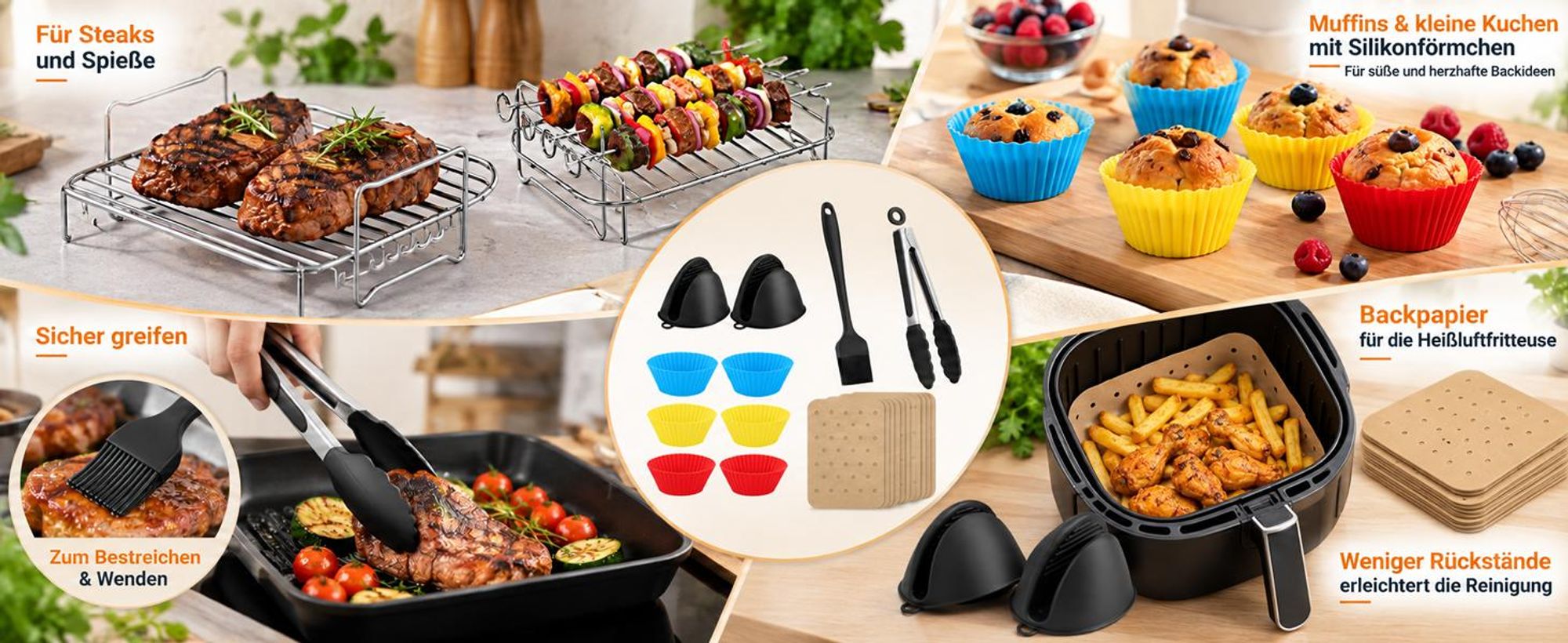 19-tlg. Heißluftfritteuse Zubehör Set für Ninja AF300EU AF400EU, mit 2 Silikonformen, Grillrost, Spießen, Backpapier & Küchenzubehör