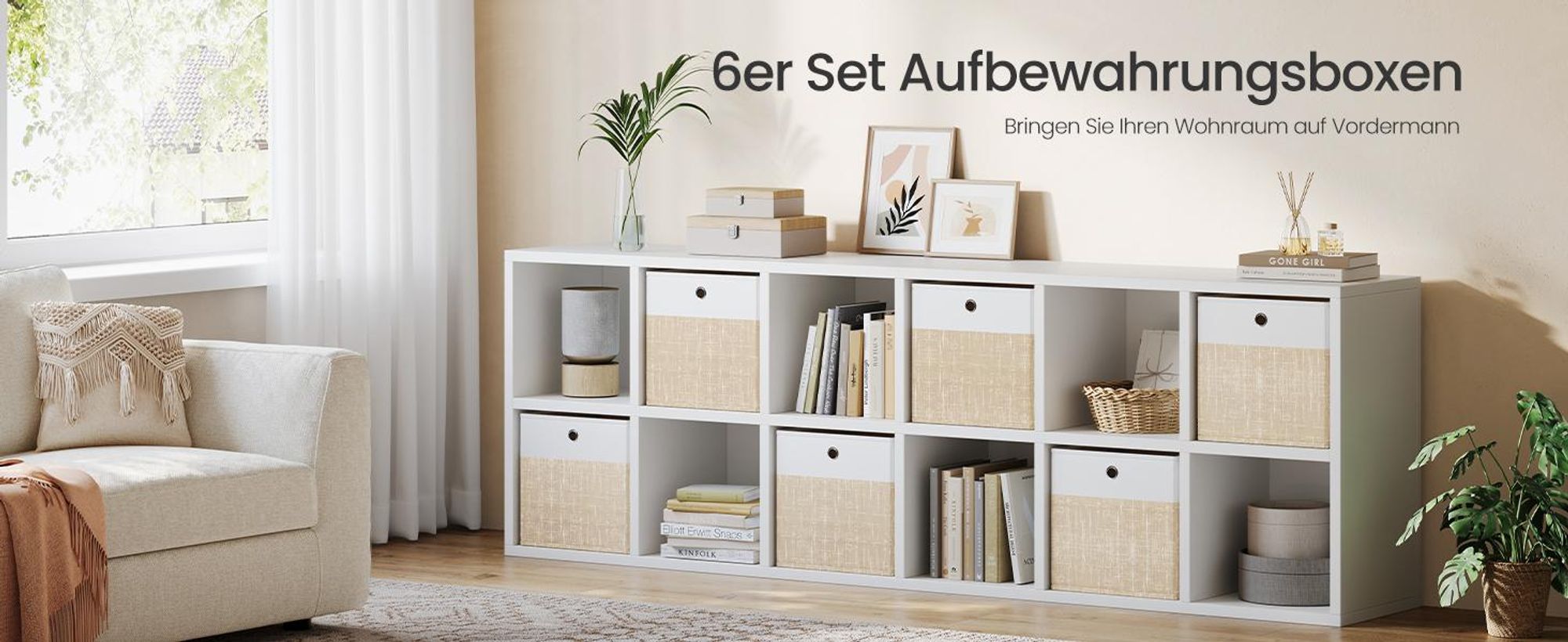 SONGMICS Aufbewahrungskörbe, 6er Set, faltbare Stoffboxen mit PP-Platten, für Regal, 30 x 30 x 30 cm, weiß-beige