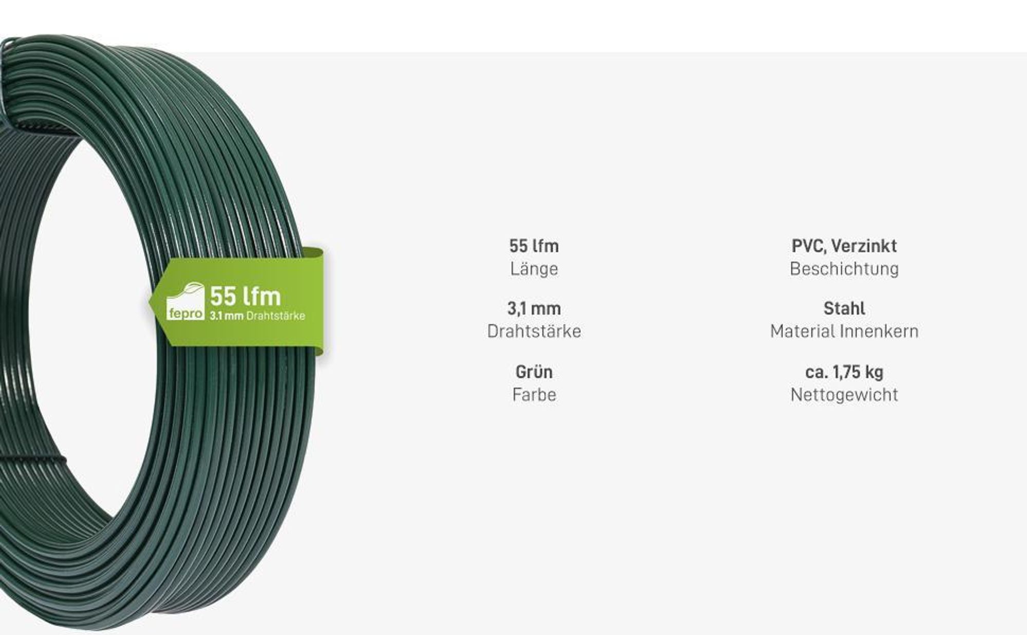 Fepro® Spanndraht 3,1 mm x 55 m, grün, verzinkt und kunststoffbeschichtet - witterungsbeständig, ideal für Maschendraht, Wildzaun, Garten oder basteln
