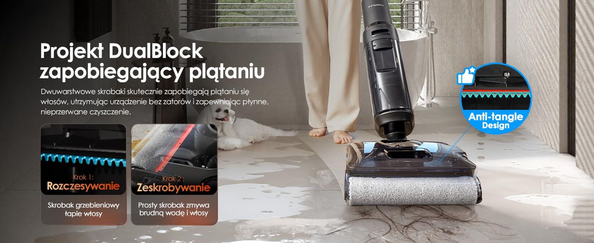 Tineco FLOOR ONE S7 Stretch Steam Bezprzewodowy Odkurzacze na sucho i mokro, 160℃ HyperSteam, Przeciwdziałający Splątaniu, FlashDry, Do 80 min pracy