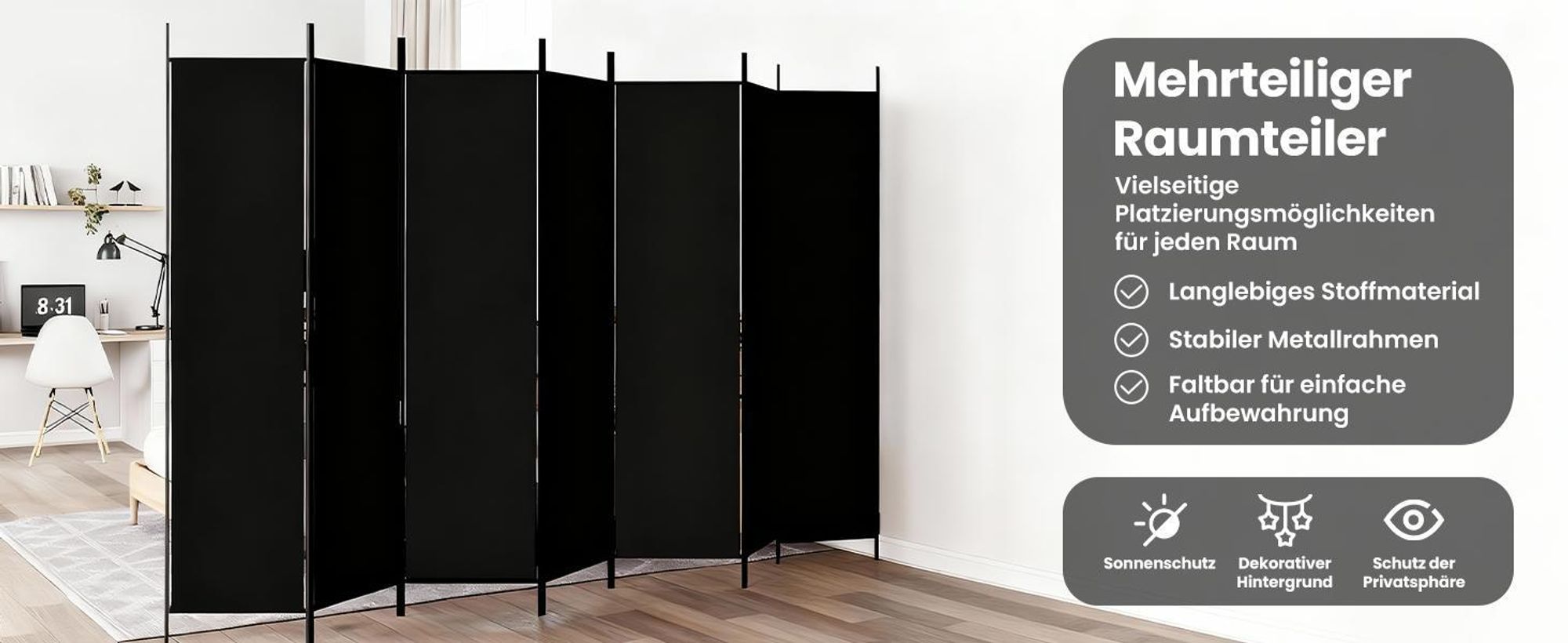 vidaXL 6-tlg. Paravent Schwarz 300x200 cm Stoff