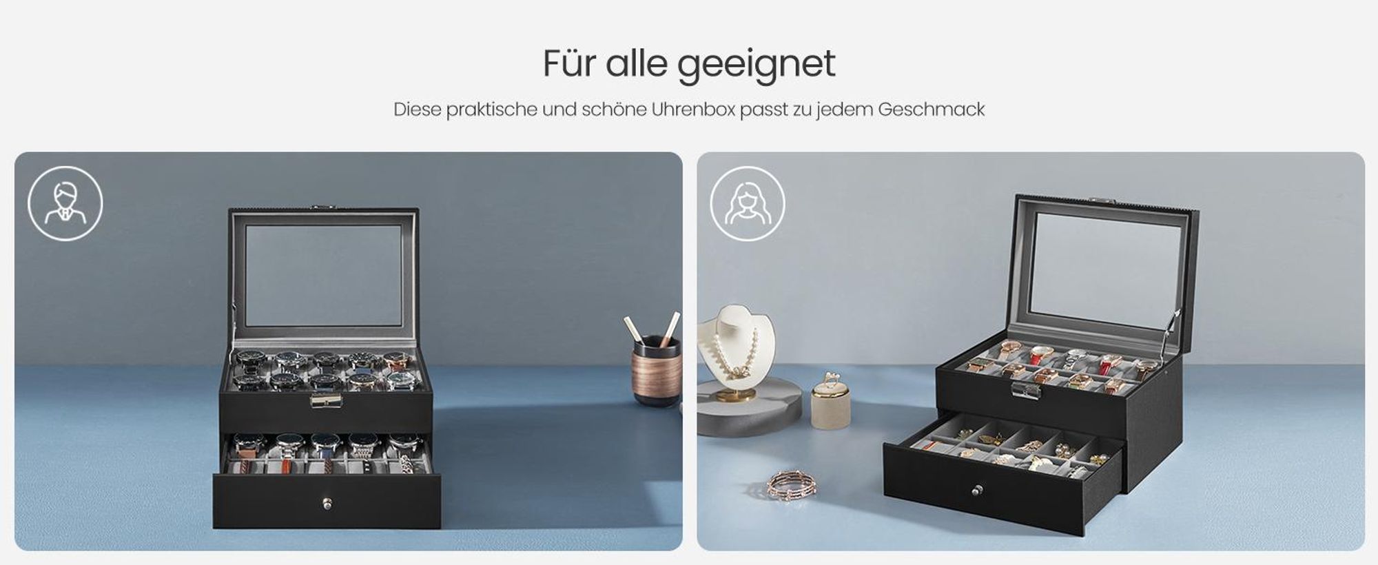 für 20 Uhren, 2 Ebenen, mit Glasdeckel