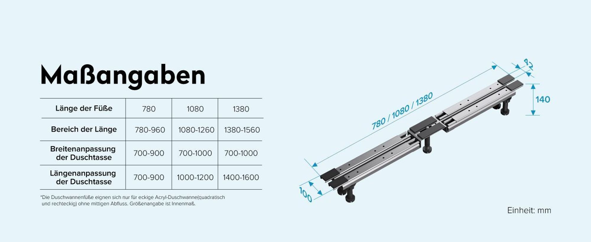doporro Duschwannenfüße Duschtasse Füße für Eckige Acryl-Duschwanne mit 5 Höhenverstellbare Standfüße Duschwannenträger mit ADS Brausewannenfuß ohne Bohren