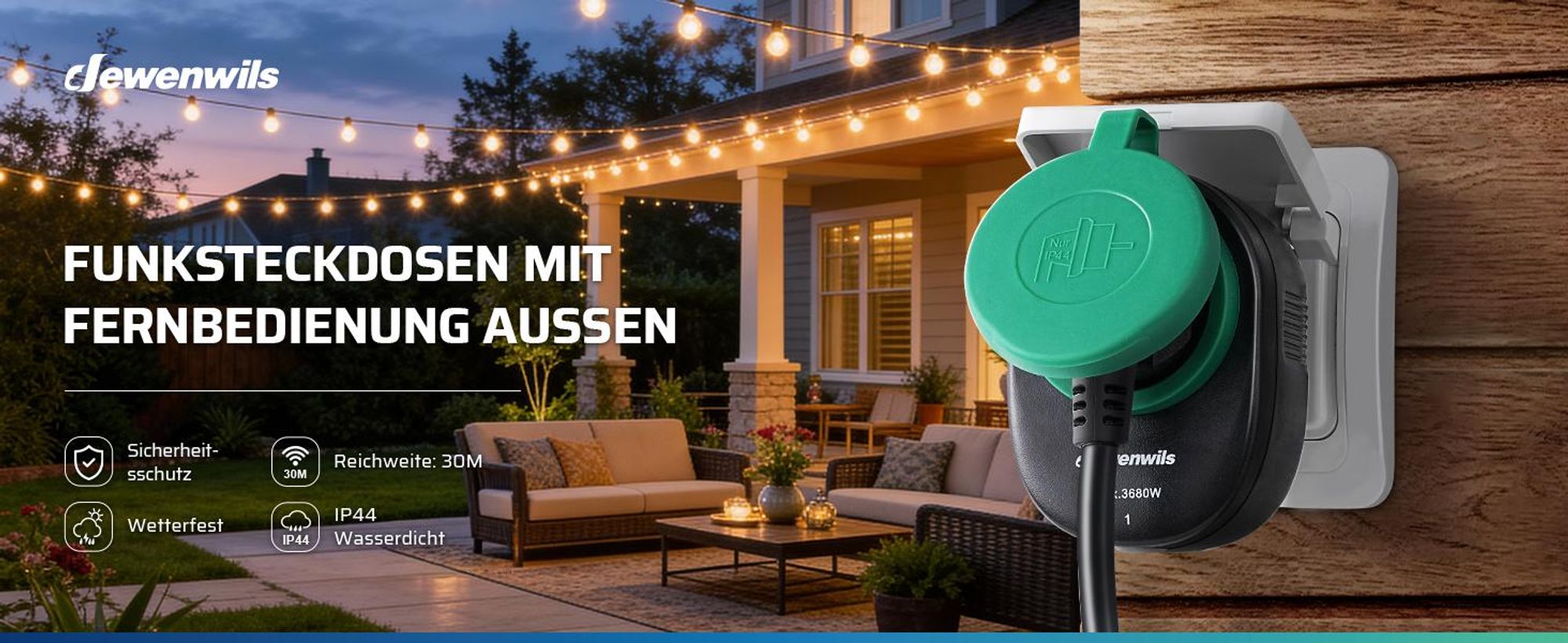 DEWENWILS Outdoor Funksteckdosen mit Fernbedienung 3680W, Eichweite 30m,IP44 Spritzwassergeschützt