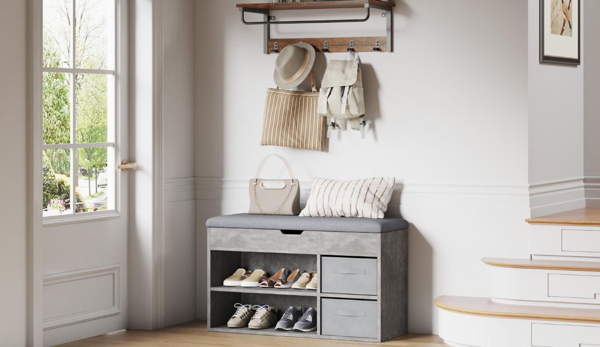 Mondeer Schuhbank mit Sitzfläche, Holzschuhablage mit Stoffschublade und Aufklappbarem Kissen, für Wohnzimmer, 80 x 48 x 30 cm, Grau