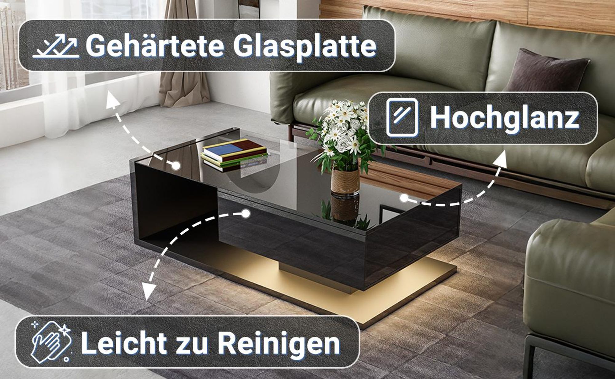 MODFU Couchtisch Schwarz Hochglanz mit Glas und LED–Rechteckiger Wohnzimmertisch mit Ablagefach,Beistelltisch & Sofatisch für Wohn- und Schlafzimmer