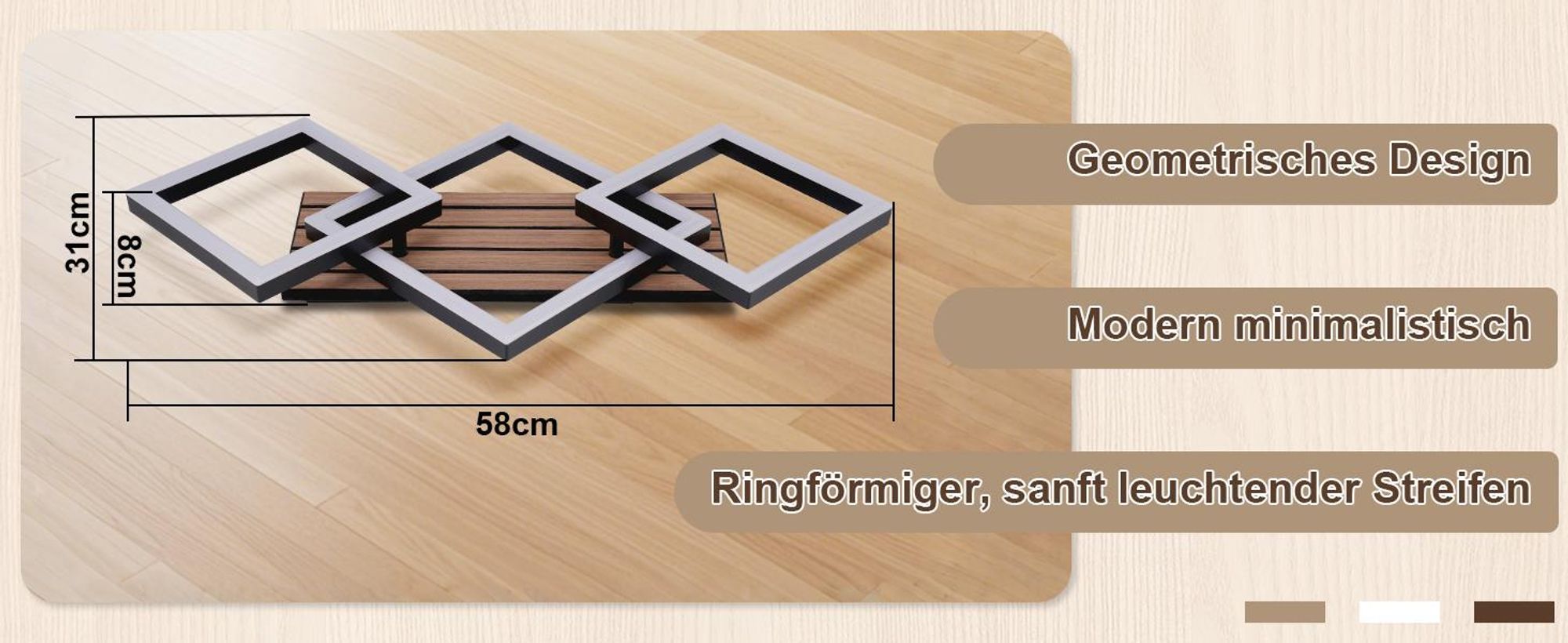 ZMH LED Deckenleuchte 58CM Schlafzimmer Deckenlampe Wohnzimmerlampe 3000K Eckig Wohnzimmer Holzoptik Küchenlampe für Esszimmer Arbeitszimmer Schwarz