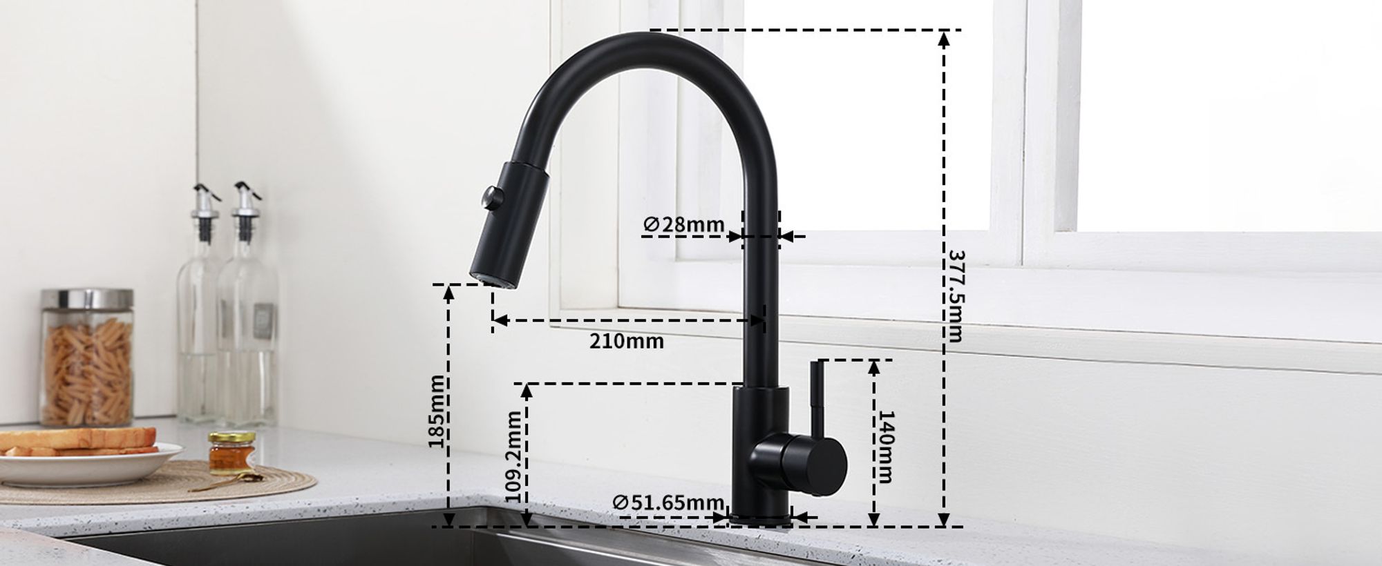 Wasserhahn Küche Schwarz Hochdruck Küchenarmatur Ausziehbar 360° Drehbar, Mischbatterie Küche Wasserhahn Ausziehbar mit 2 Modus, Armatur Küche Schwarz Wasserhahn Edelstahl Hochdruck, Schwarz