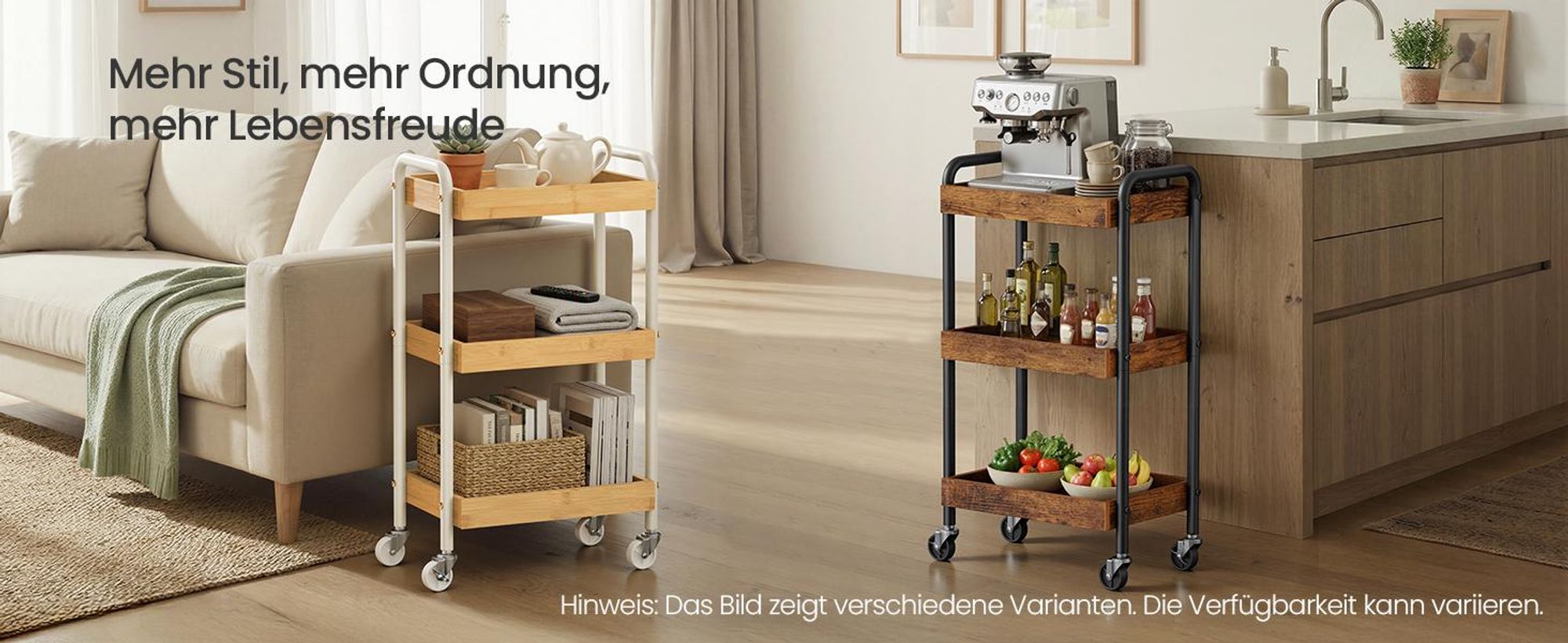 SONGMICS Servierwagen aus Bambus, Küchenregal mit Griffen, Rollwagen für Bad, Schlafzimmer, Küche, beige