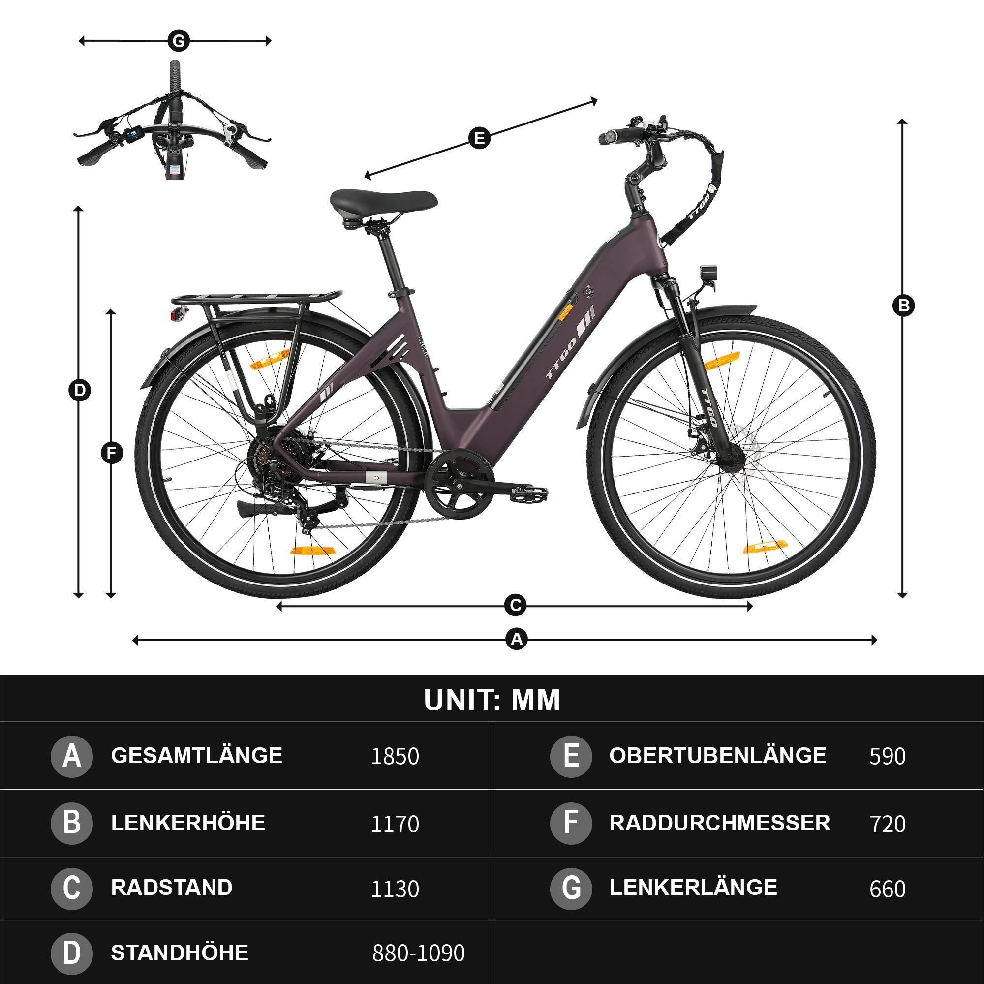 28'' 18Ah Pre-mium Elektrofahrrad E-Bike Pedelec 7Gang E-MTB E-Citybike, Elektrofahrrad 25KM/H für Damen und Herren ab 170 cm Wasserdicht dunkellila