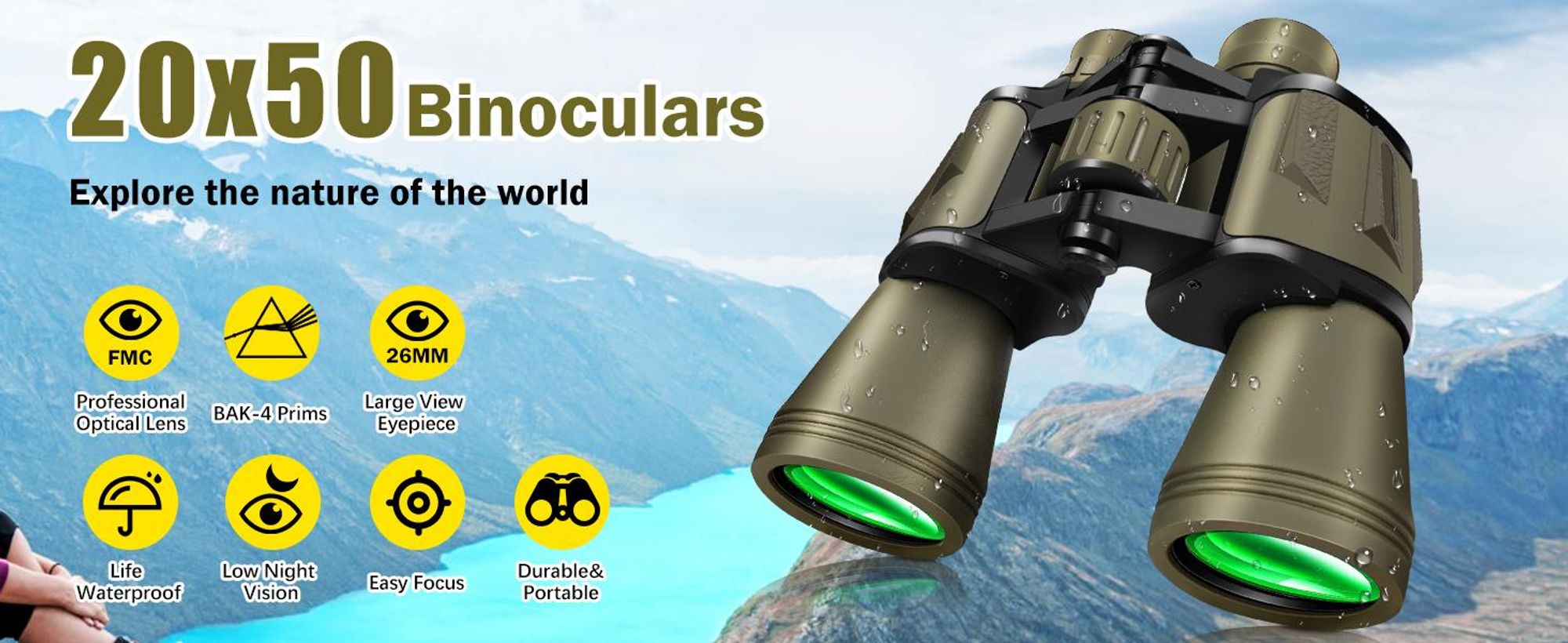 Fernglas, 20x50 HD Ferngläser, Jagdfernglas, Wanderfernglas, Hochauflösendes Teleskop, mit Smartphone Adapte, für Jagd, Vogelbeobachtung, Fußballspiel