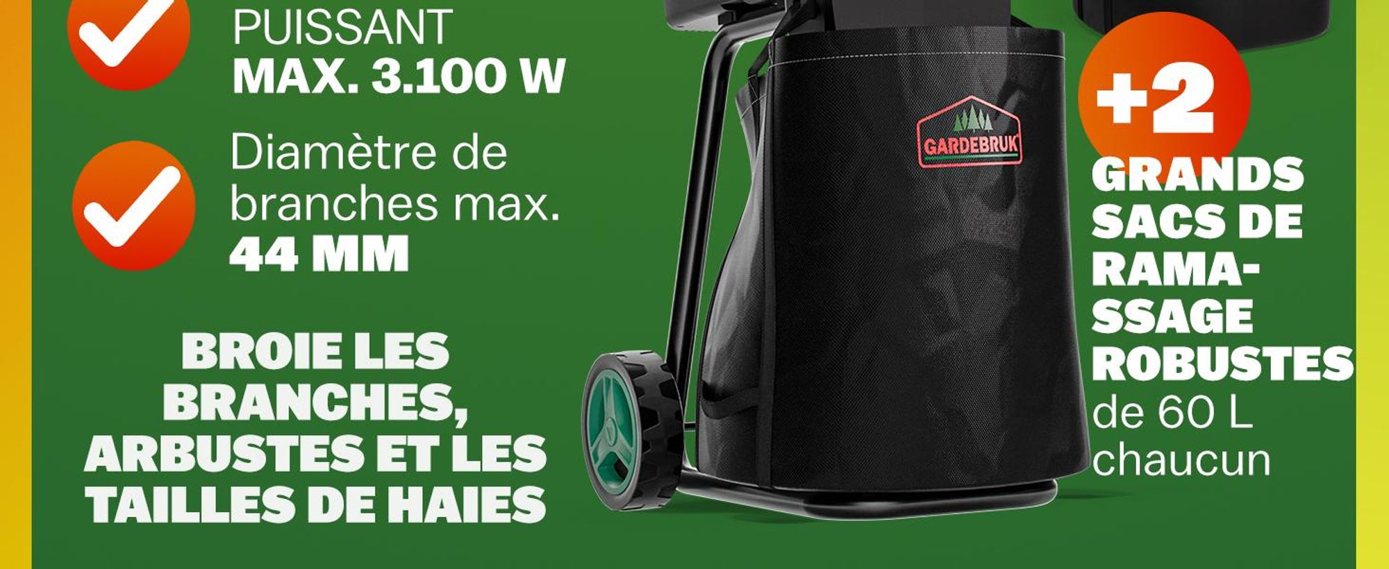 GARDEBRUK Broyeur de végétaux électrique 3.100 W