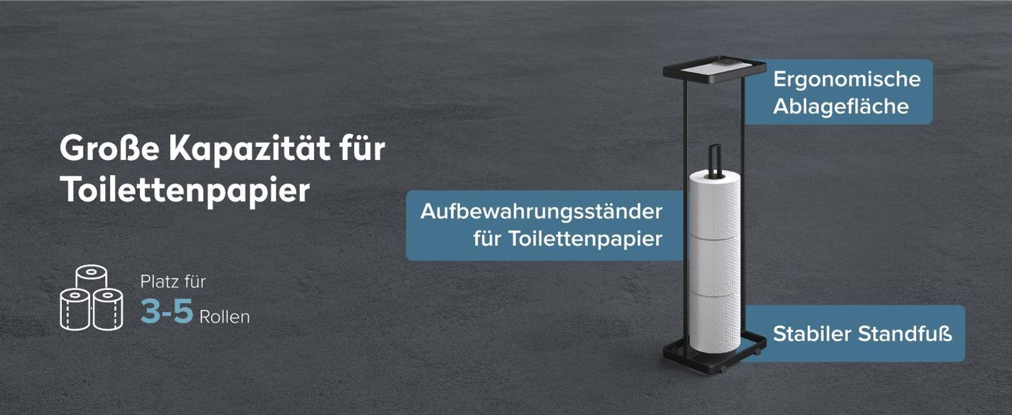 doporro Toilettenpapierhalter Stehend Klopapierhalter mit Oberem Ablagefach und Aufbewahrung für 4 Rollen Toilettenpapierständer Matt weiß Reglo-04