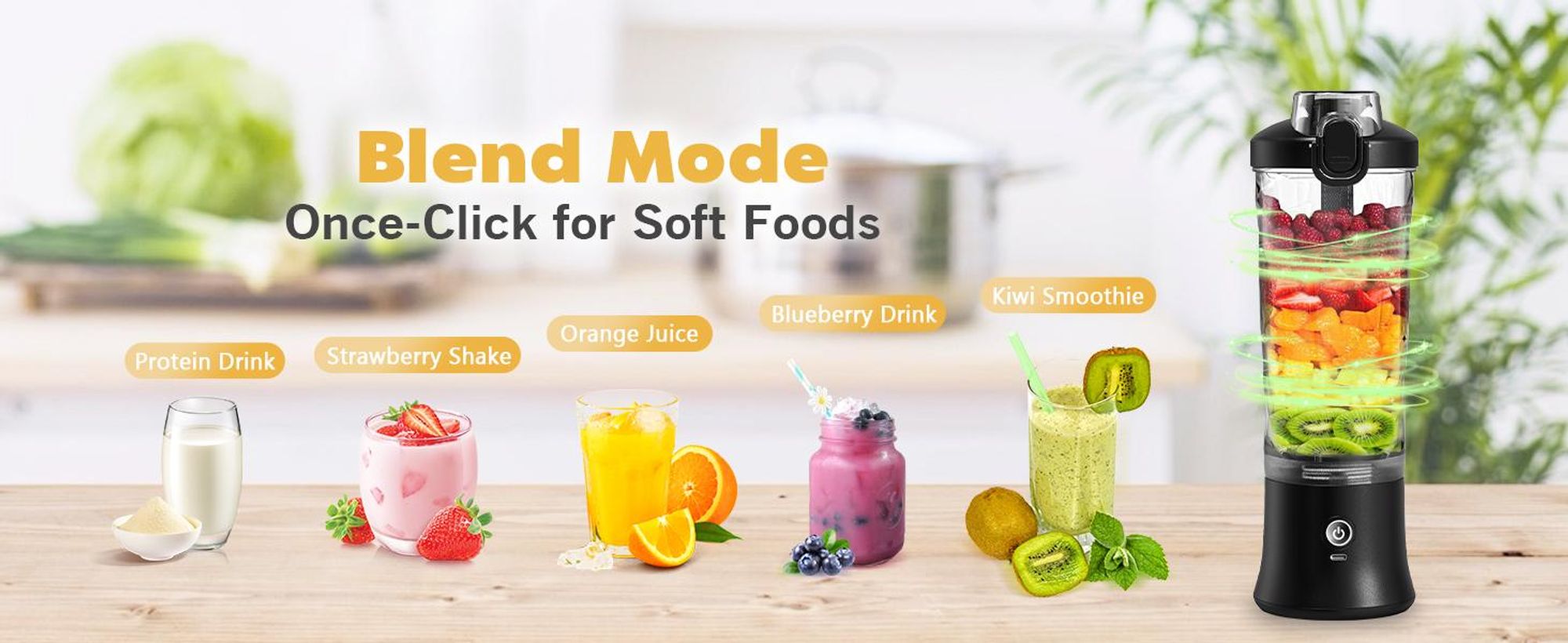 Tragbarer Mixer, Smoothie Maker mit 6 Klingen, 500ml Standmixer für Shakes und Smoothies, 120W Ice Crusher, USB-C Wiederaufladbar, BPA-Frei, Schwarz