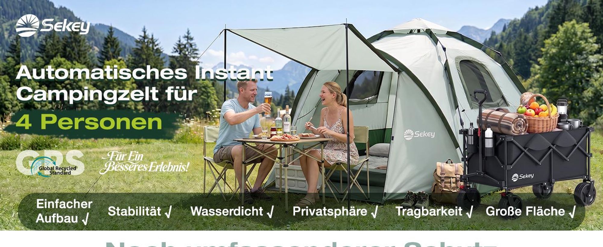 Sekey Kuppelzelt 4 Personen mit Vorzelt & Markise, Pop Up Campingzelt, Wasserdicht PU3000 mm, UPF 50+, Familienzelt