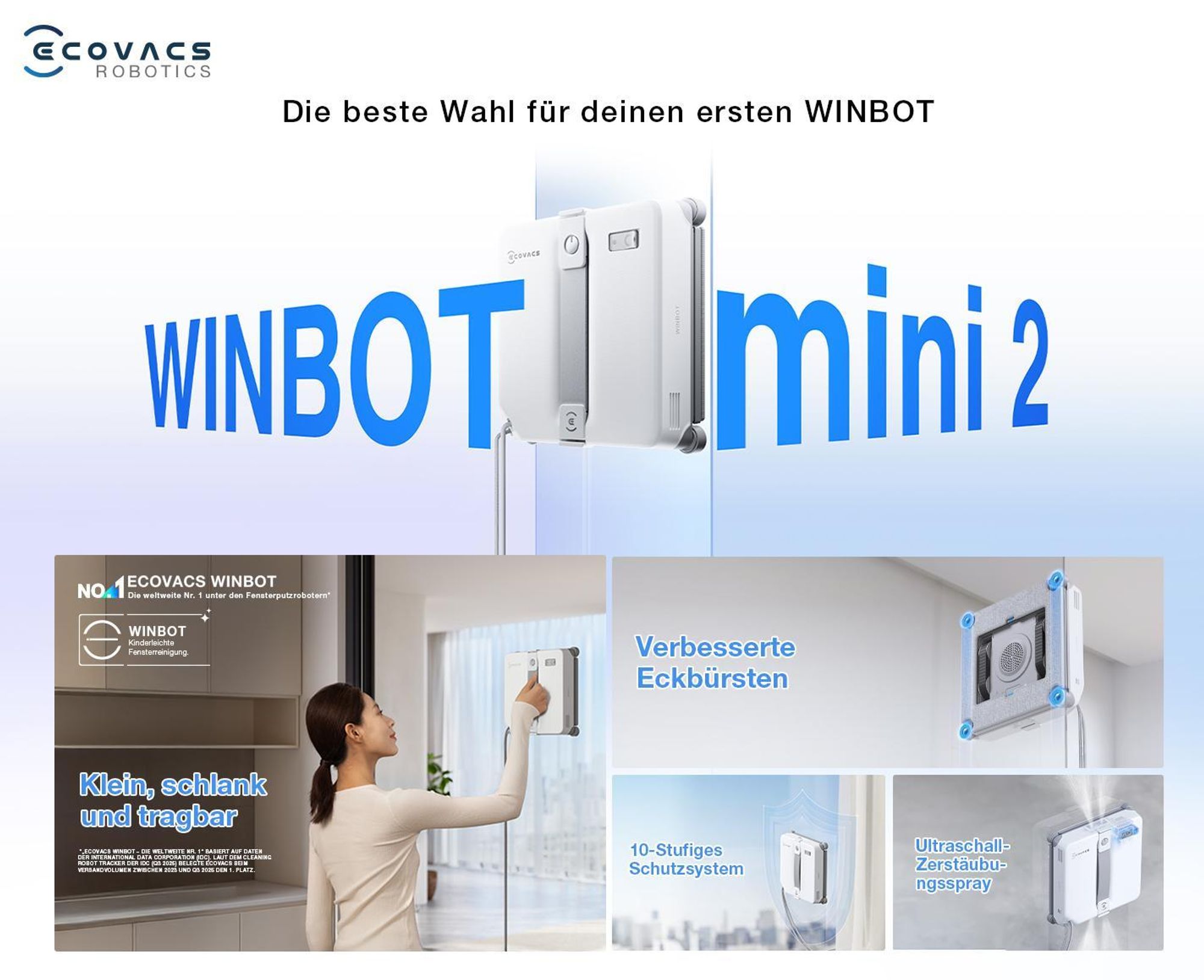 ECOVACS WINBOT Mini 2 Fensterputzroboter mit 1L Original Fensterreinigungsflüssigkeit, Smarte Navigation, 6 App-Modi, 10-Stufiges Sicherheitssystem