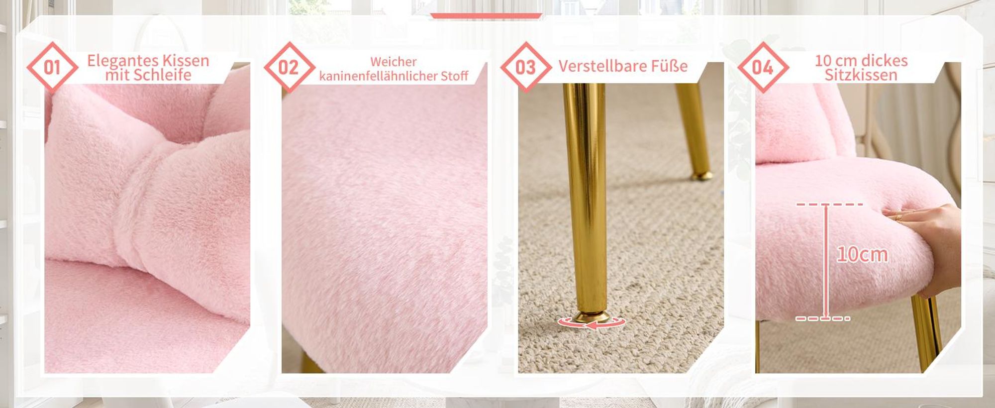 FCH Schminkhocker, Schreibtischhocker, Bow Shape Rücken Dressing Stuhl,Esszimmerstühle, Sitzhocker Polsterhocker,53×49.50×78cm, Rosa