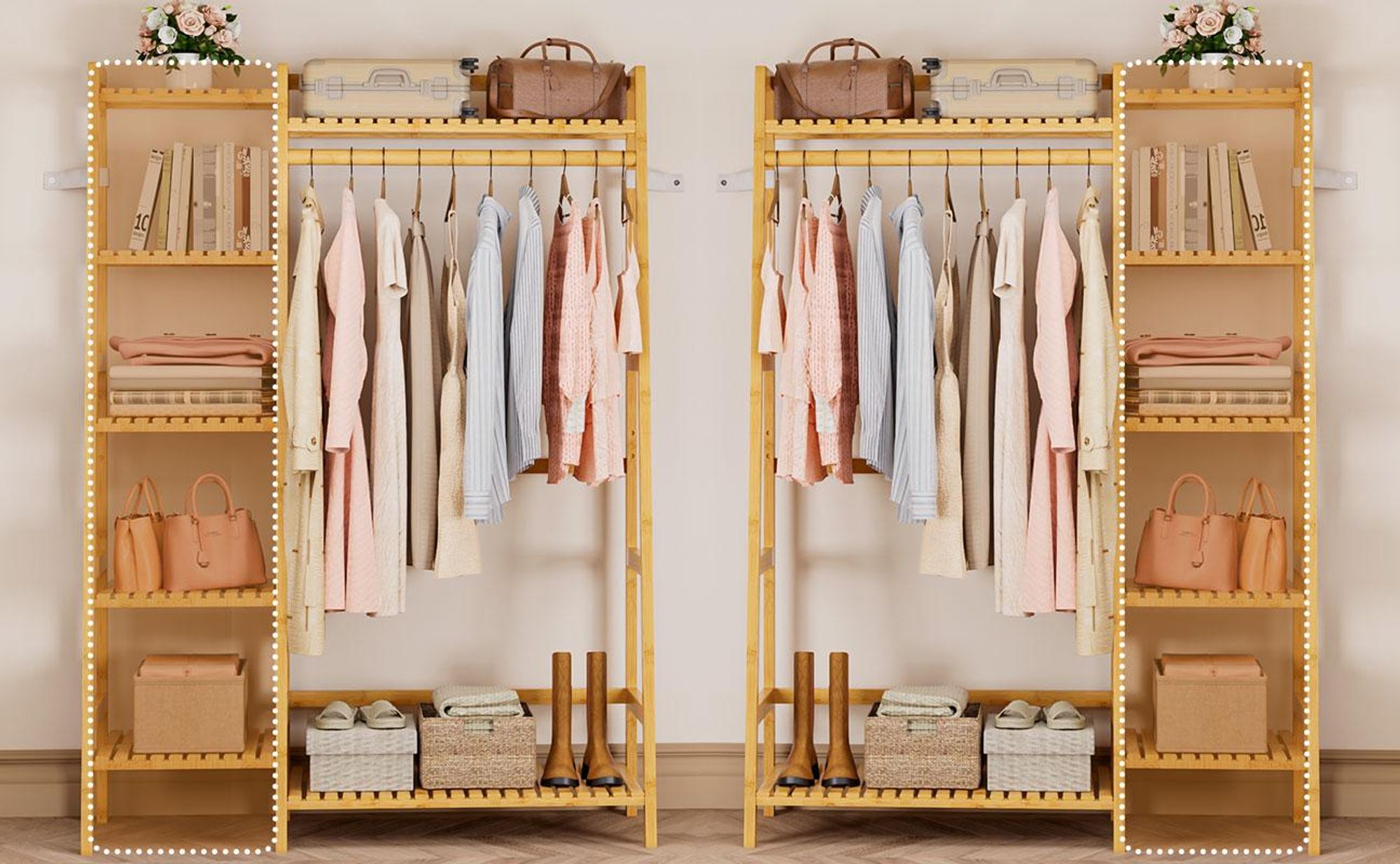 Yorbay Kleiderständer aus Bambus, Multifunktionale Garderobenständer 103x40x145 cm,7 Ablagefächer Garderobe für Flur, Schlafzimmer & Büro