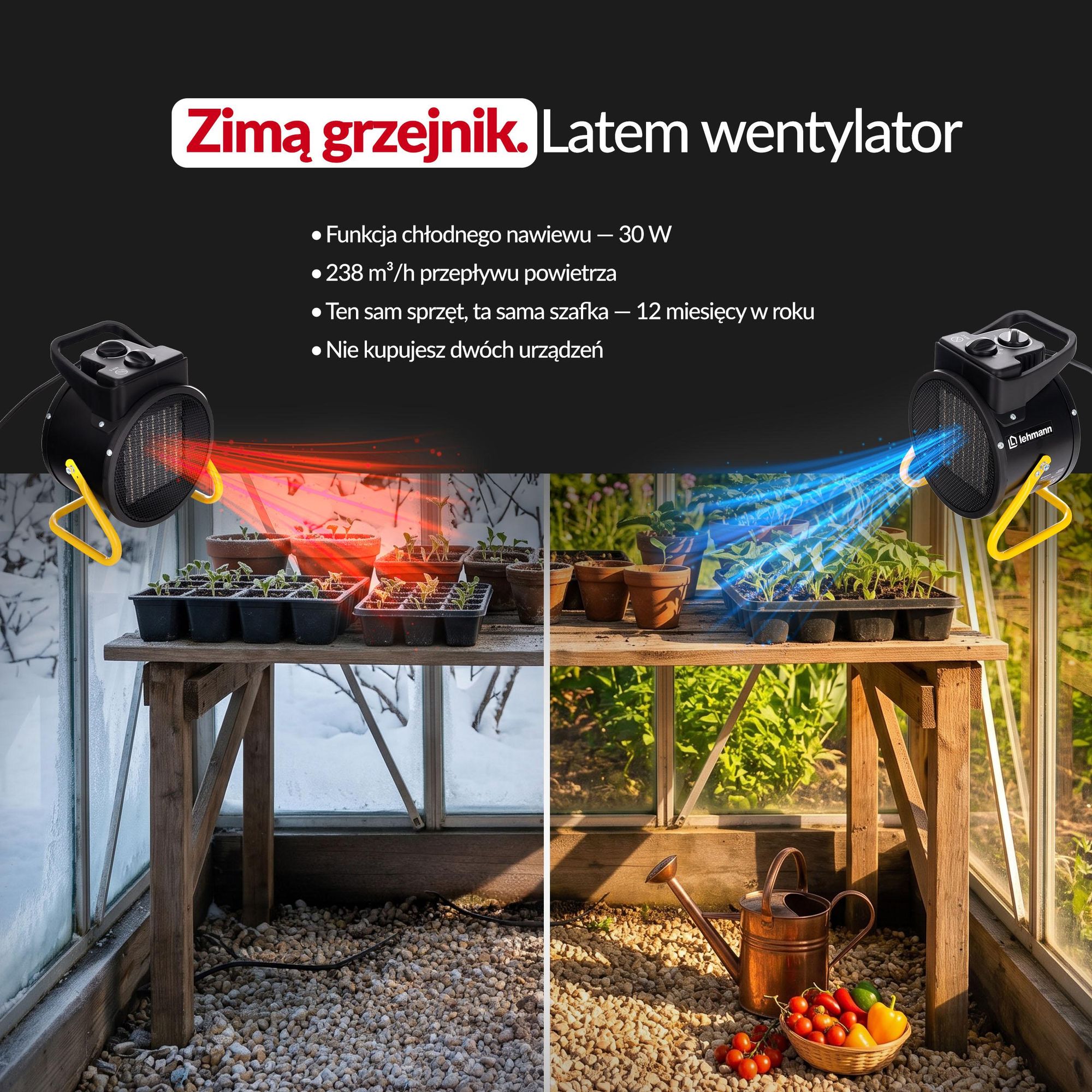 Nagrzewnica, farelka, grzejnik elektryczny Lehmann 3000 W przenośny z termostatem ceramiczny promiennik do warsztatu, garażu, domu, na budowę