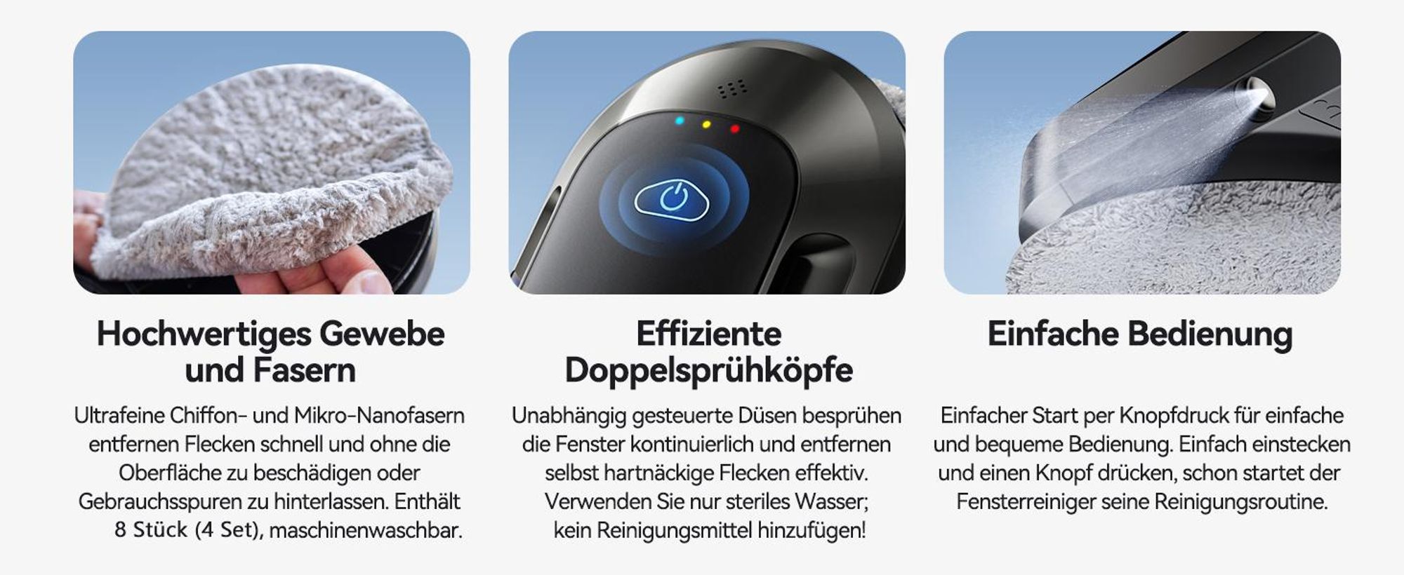 Fensterputzroboter, Fensterputzer, 6000Pa Starker Fenstersauger, 2-Wege-Sprühfunktion, USV-Stromausfallschutz, 3 Automatische Reinigungsmodi