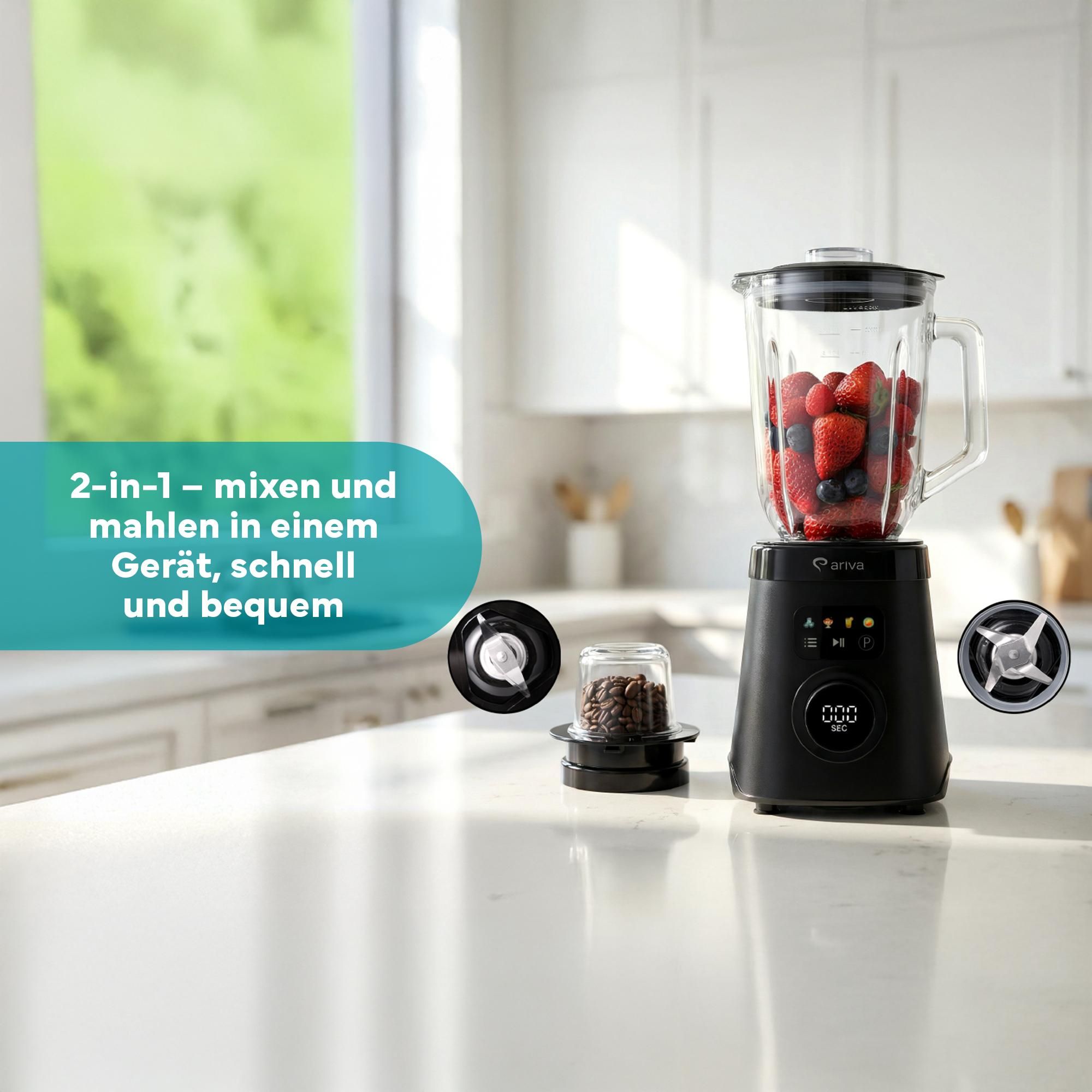 ARIVA Standmixer 1000W mit 1,5L Glasbehälter & Kaffeemühle, Smoothie Maker & Ice Crusher mit LED-Touch-Display, 6 Edelstahlklingen, Auto-Clean