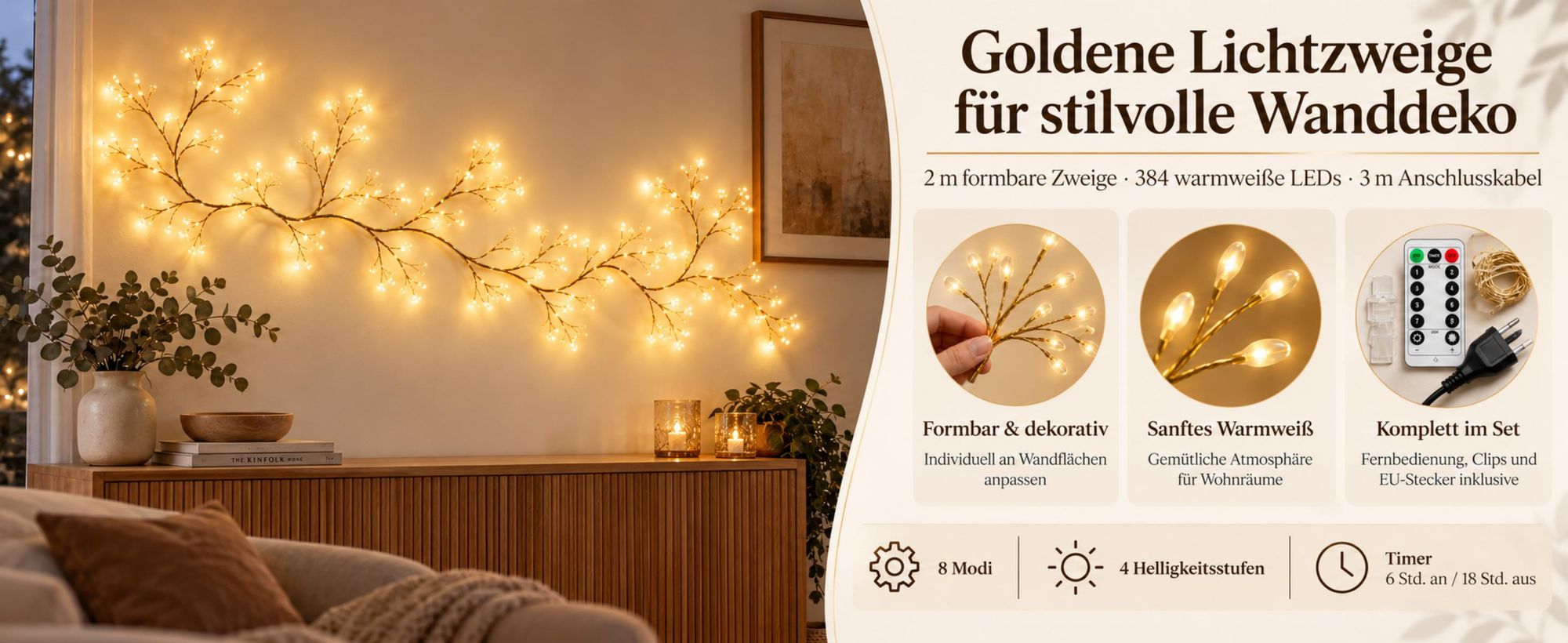 Goldene Lichterzweige, 2 m mit Stecker und Fernbedienung sowie 8 Lichtmodi und 4 Helligkeitsstufen für das Schlafzimmer
