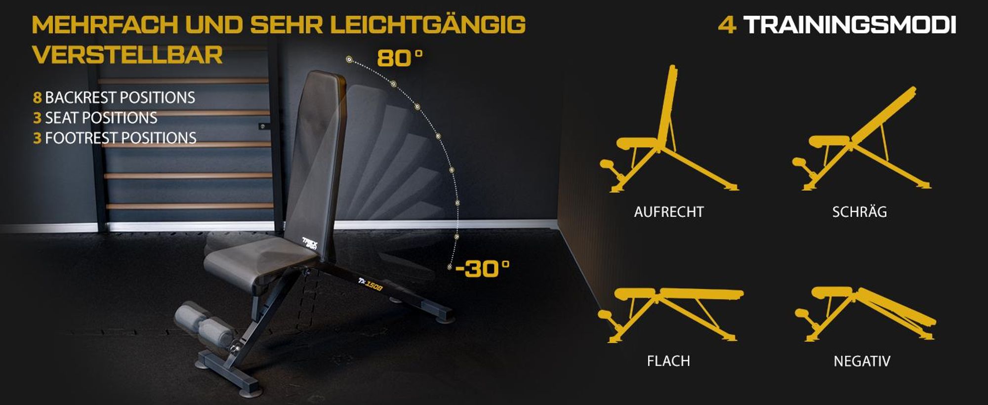 TREX SPORT Hantelbank klappbar TX-150B | Trainingsbank 8-fach verstellbare Rückenlehne, 3-fach Sitz, Saugnäpfe, Beinstrecker | Flachbank, Schrägbank