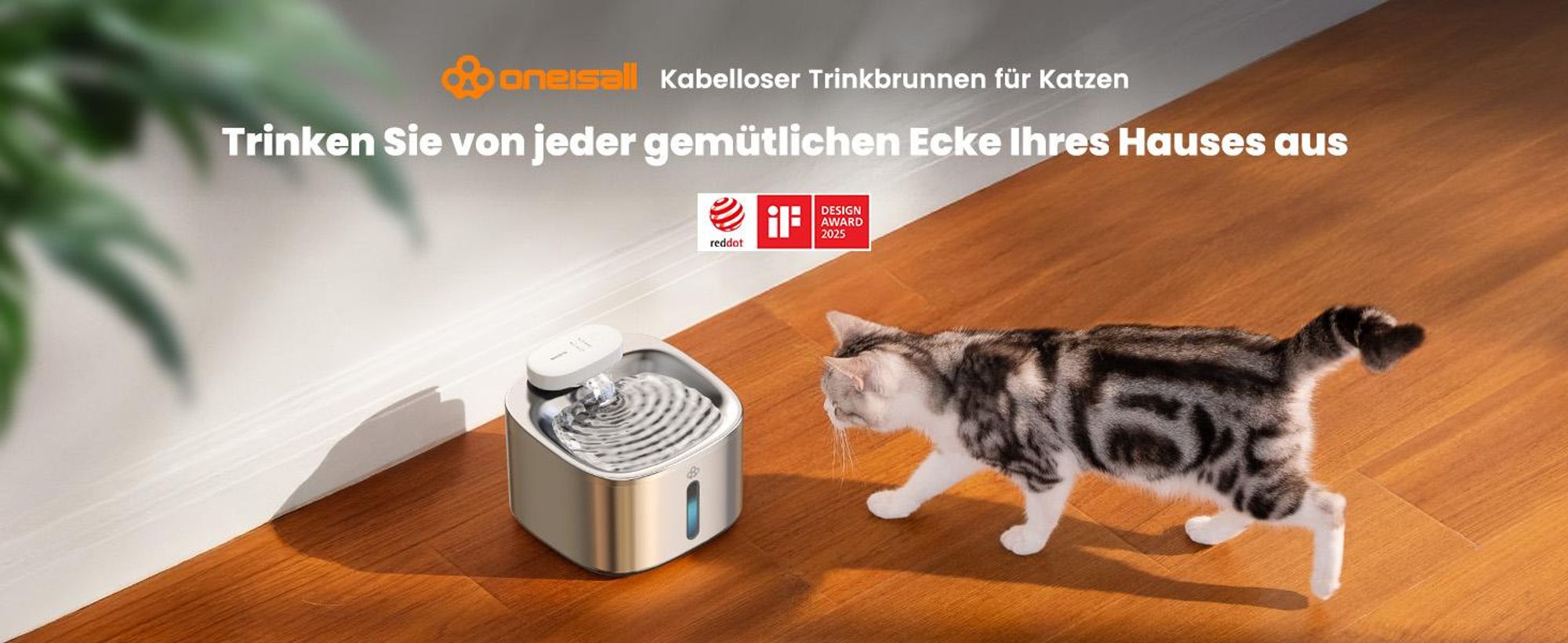 Oneisall Trinkbrunnen Kabellos, 3.5L mit Bewegungsmelder, 60 Tage Batteriesdauer