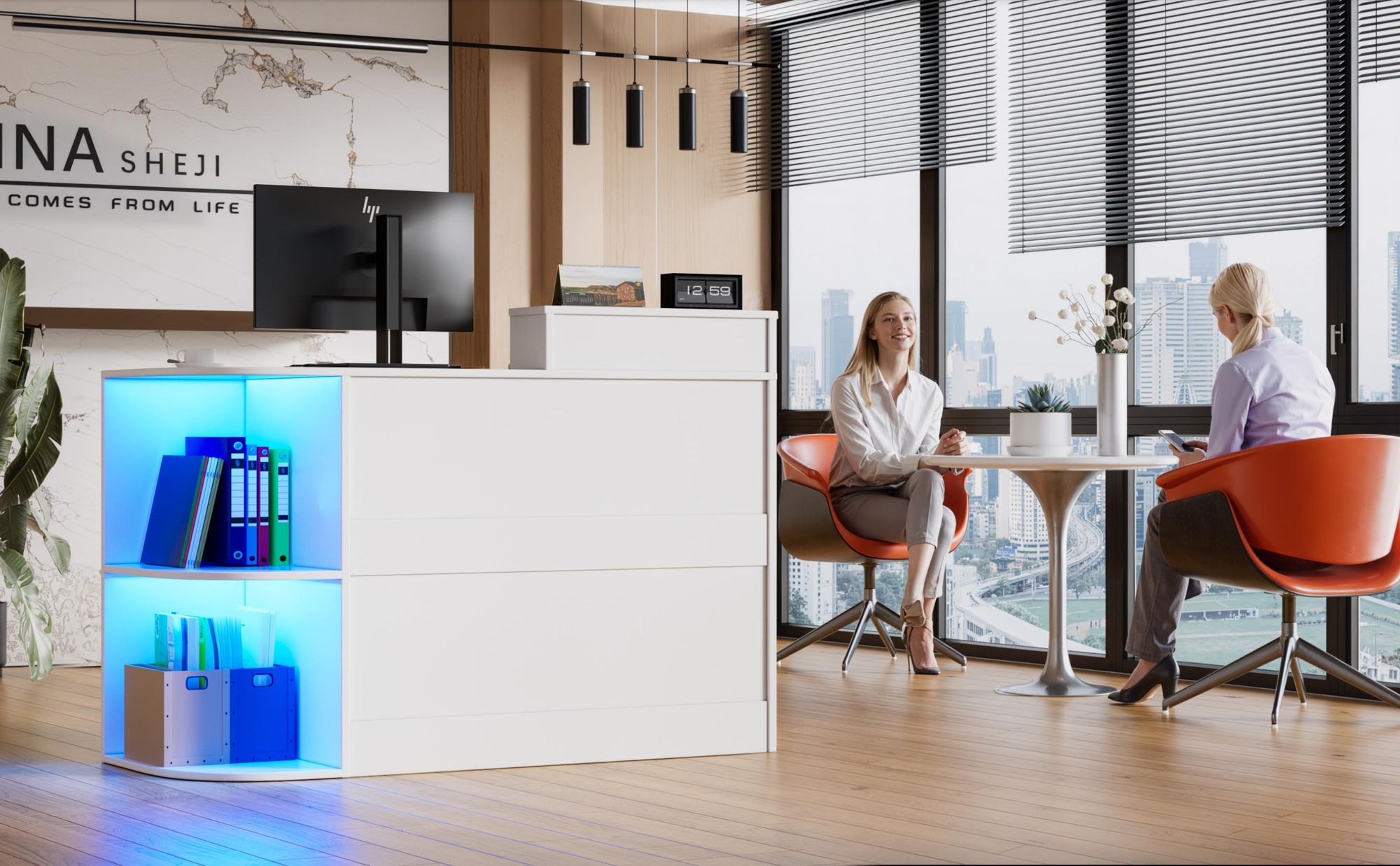Empfangstheke mit LED-Beleuchtung, L-förmiger Empfangstresen mit Tastaturschublade &abschließbarem Stauraum,120 × 102,5 × 48 cm