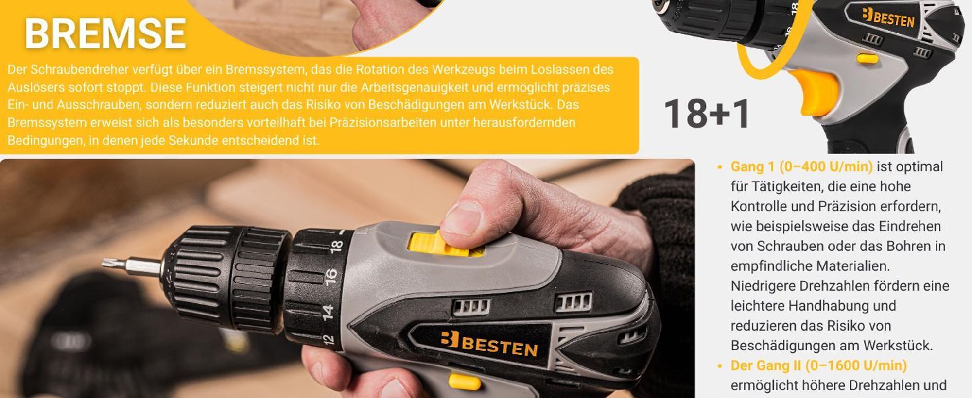 BESTEN Schraubendreher Akku-Bohrschrauber Schraubendreher-Bits Steckdosen Led 2Xaku Set XXL