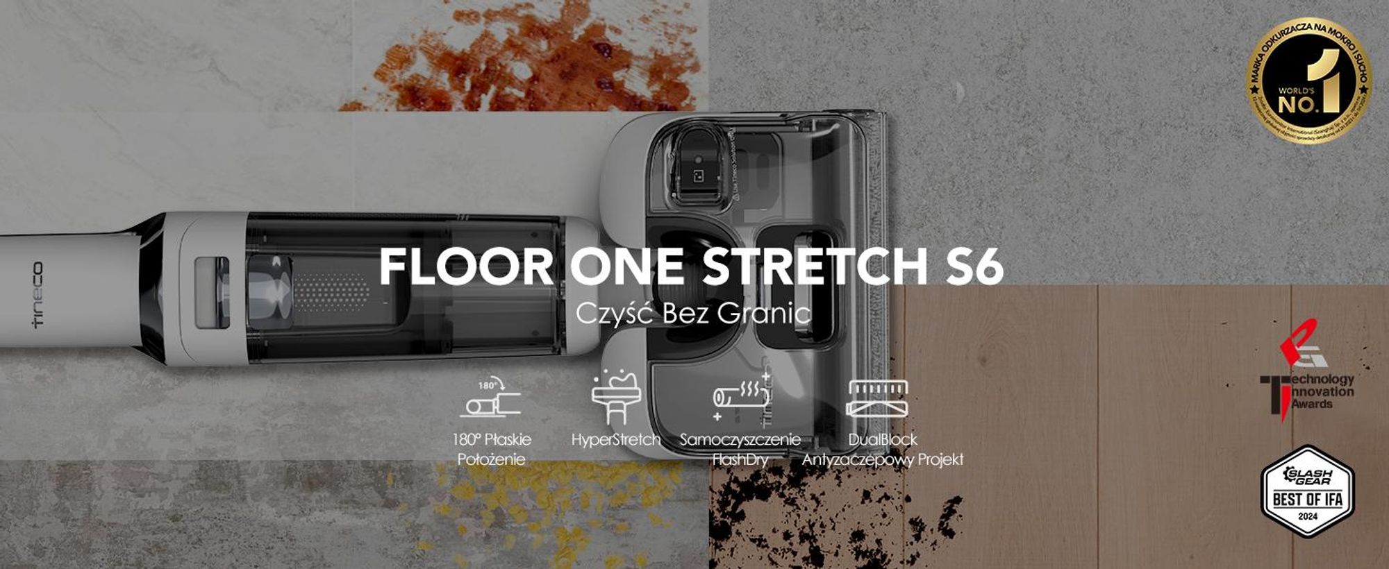 Tineco Floor ONE Stretch S6 odkurzacz myjący 2w1 na mokro i sucho, samoczyszczenie 85°C, rozkładany 180°, 85°C 5 minut Flashdry, czyszczenie krawędzi