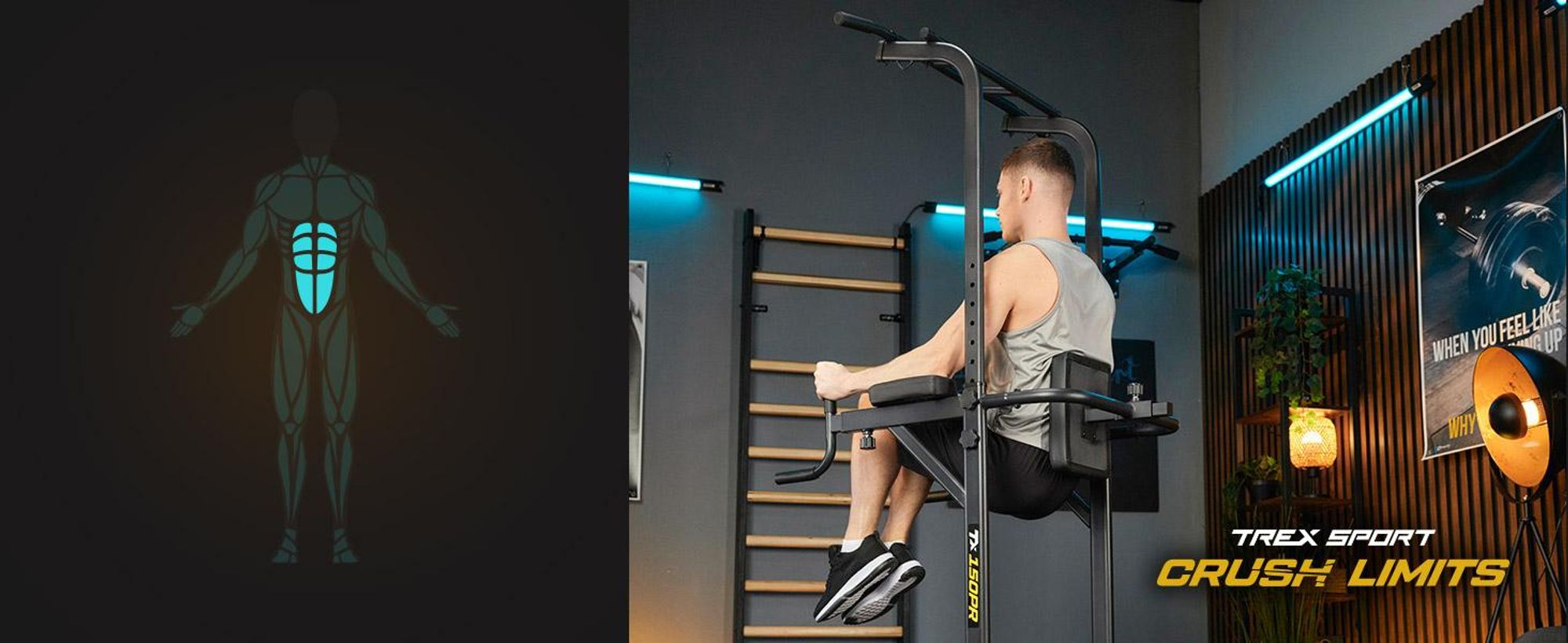 TREX SPORT Power Tower Dip Station & Klimmzugstange freistehend TX-150PR | multifunktionaler Kraftturm mit Expandern | Fitness Kraftstation bis 150 kg