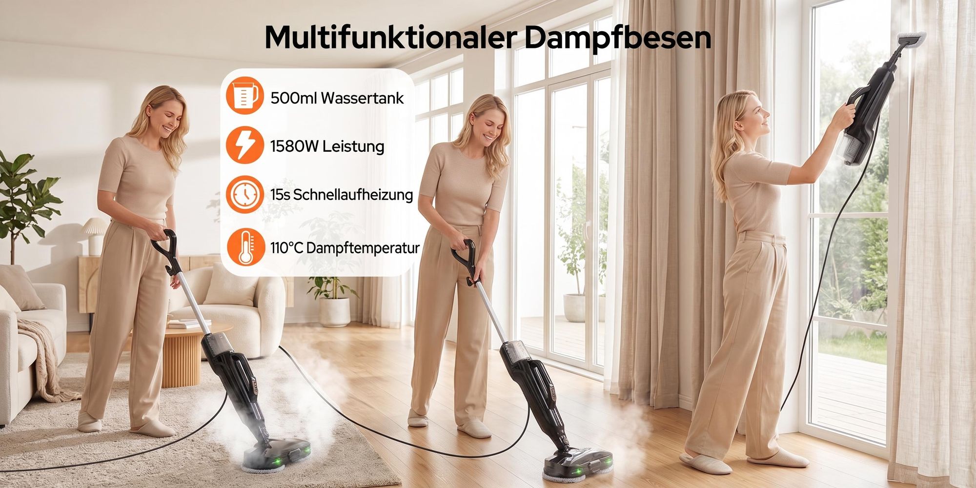 6in1 Dampfreiniger 1580W Dampfmopp & Dampfwischer mit 110°C Hochtemperatur-Dampf, 15 Sek. Aufheizzeit, Handdampfreiniger mit rotierenden Reinigungspad