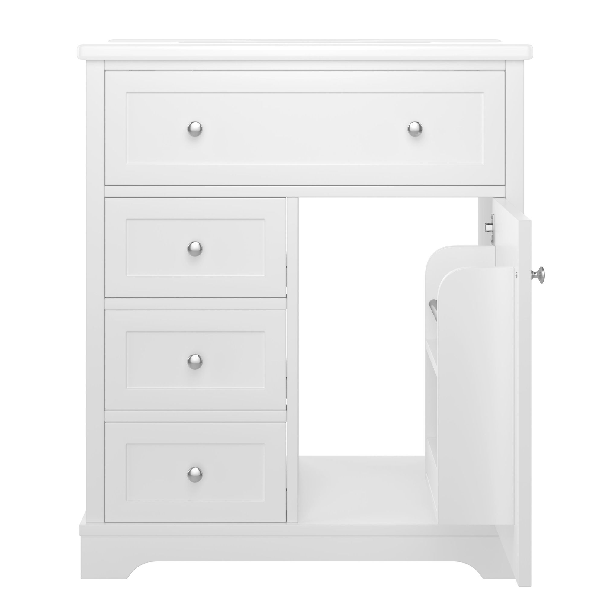 Flieks Badezimmerschrank mit Waschbeck, Standschrank Wäscheschrank mit 4 Schubladen und verstellbarer Ablage, Waschbecken mit Unterschrank, 76x46x87cm