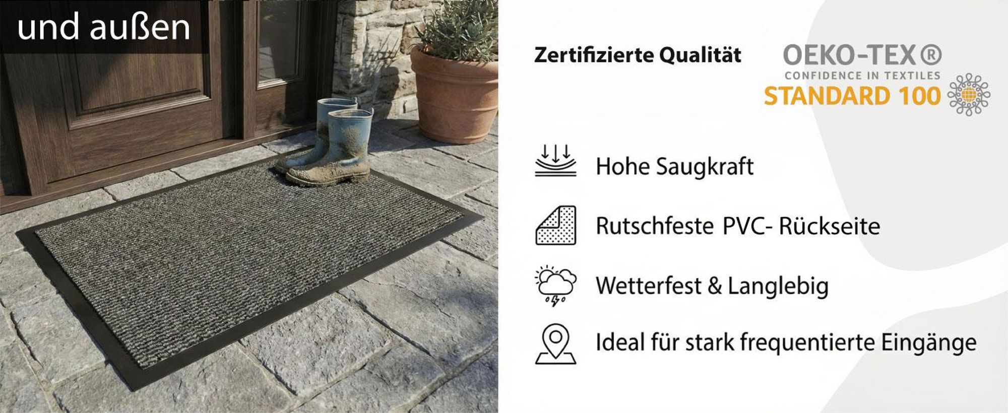 HELLSER Fußmatte – Schmutzfangmatte für außen & innen, rutschfest & flach (60 × 90 cm) Schwarz-Grau