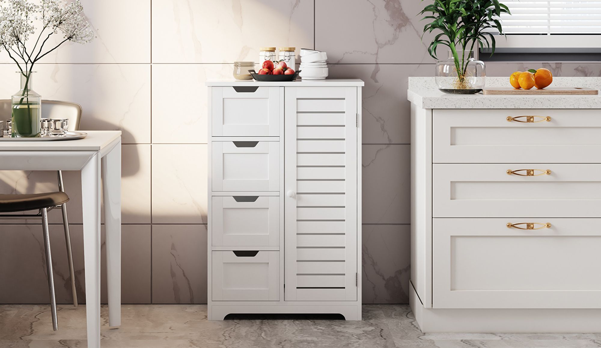Mondeer Badezimmerschrank Badkommode verstellbare Ablage mit 4 Schubladen 56 x 30 x 82,5cm Sideboard Küchenschrank