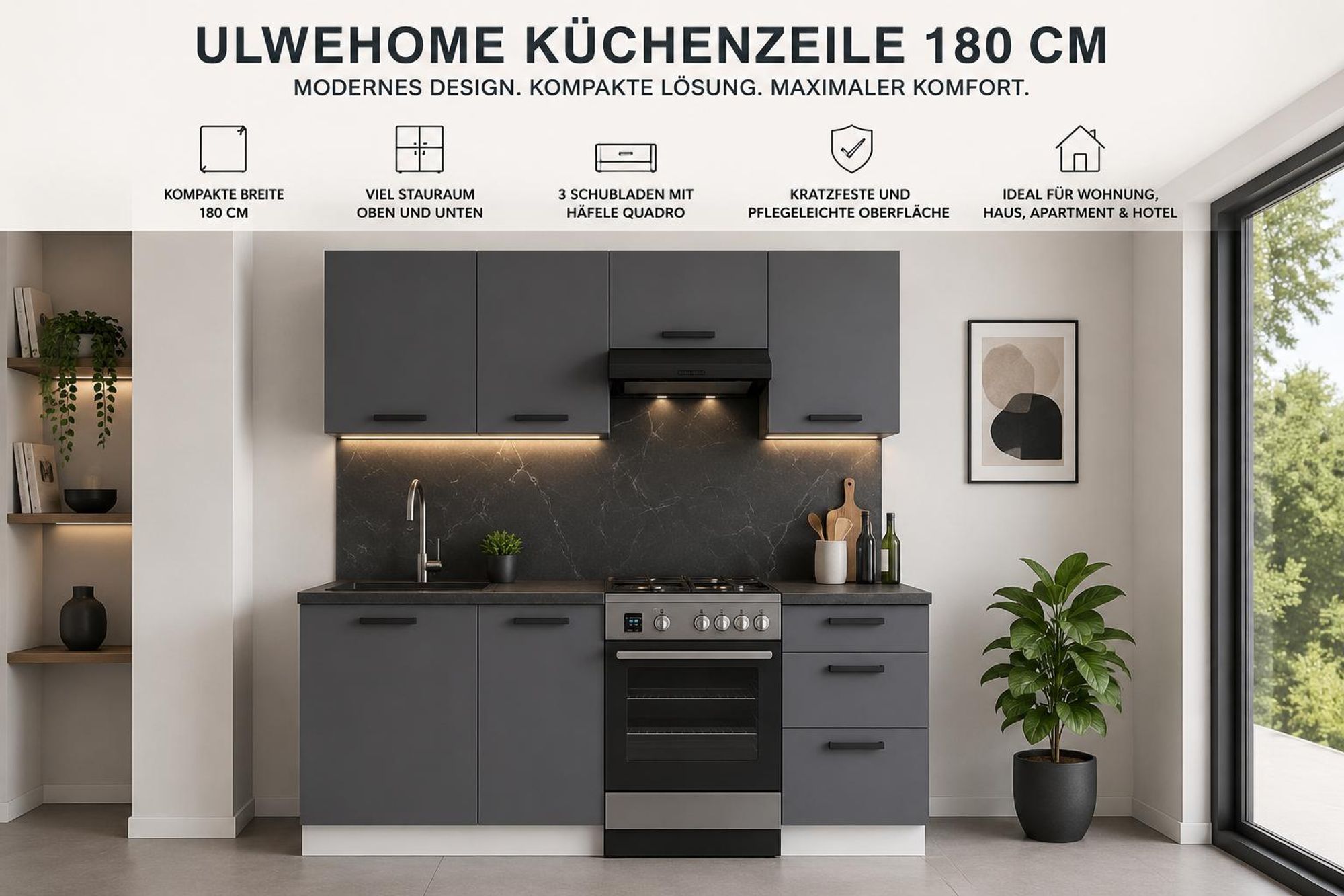 ULWEHOME Küchenzeile 180 cm Anthrazit/Grafit mit Schränken und 3 Schubladen