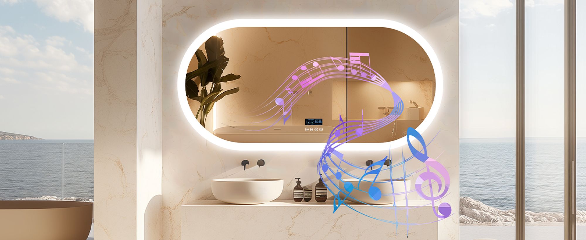 WISFOR LED Badspiegel mit Bluetooth Lautsprecher, 120x60cm Badezimmerspiegel mit Beleuchtung 3 Lichtfarbe, LED Wandspiegel dimmbar beschlagfrei