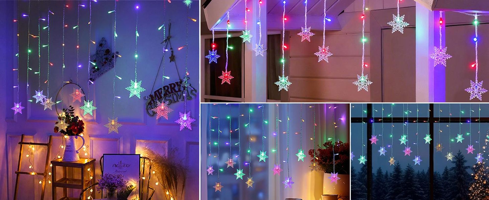 LED Schneeflocke Lichterkette Bunt Lichtervorhang 8 Lichtmodi Innen Party Garten Fenster Weihnachten Beleuchtung