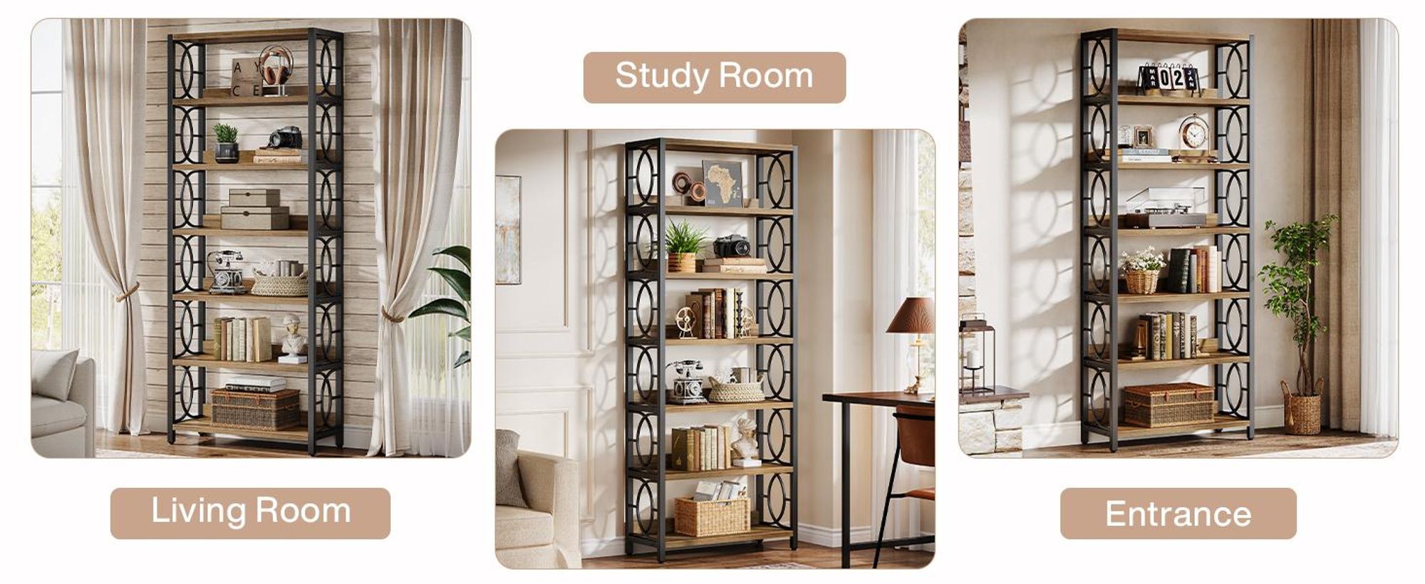 Tribesigns 6-stöckiges Bücherregal, 180 cm hoch, im Industriestil mit Metallrahmen und offenen Regalen für das Home Office, rustikales Braun